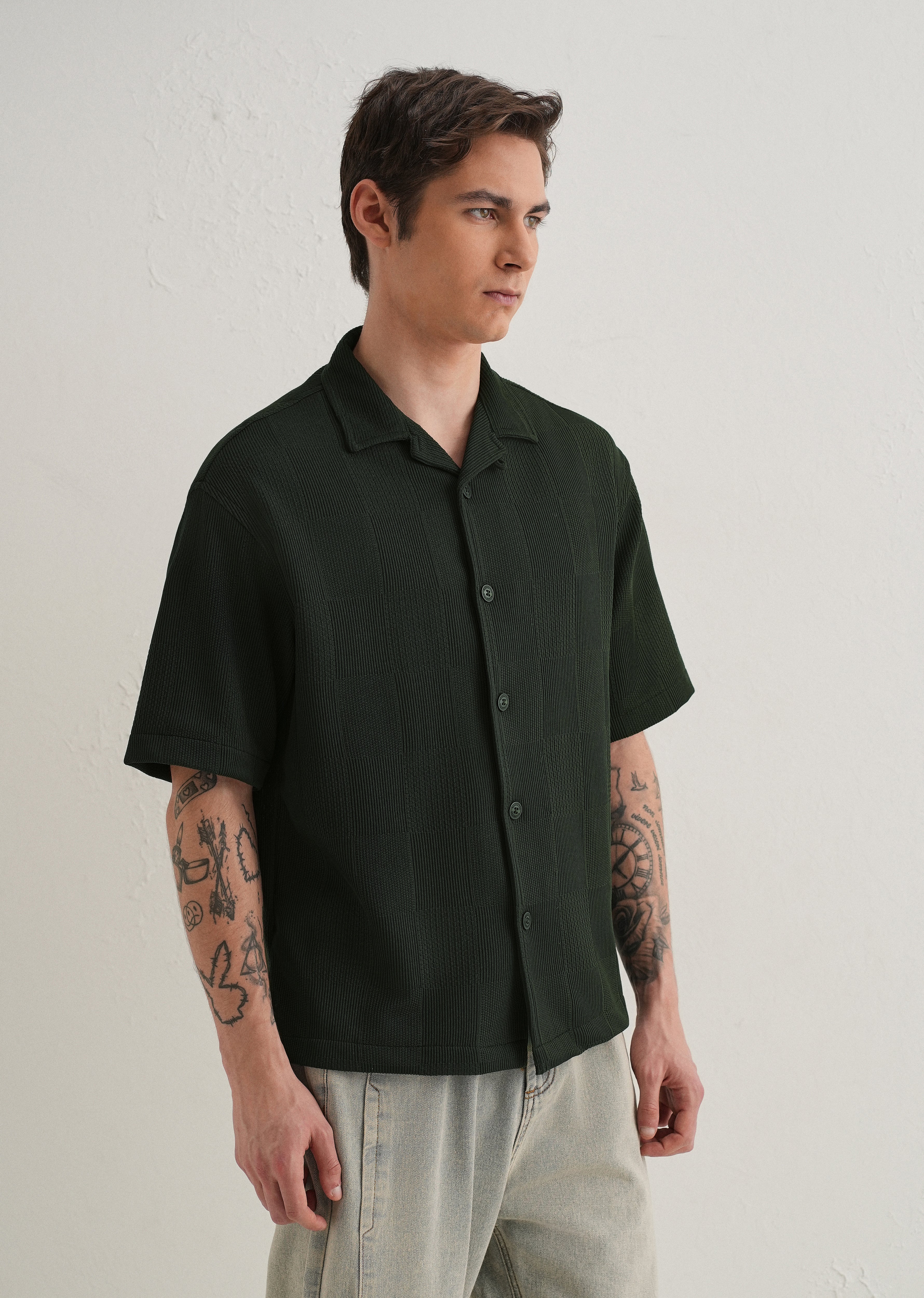 Olive Green Textured Check Knit Shirt