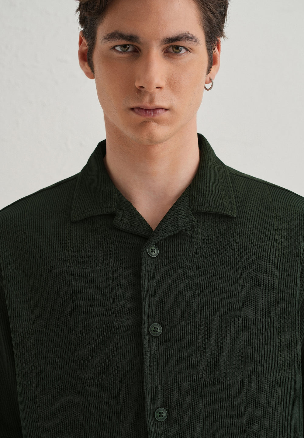 Olive Green Textured Check Knit Shirt
