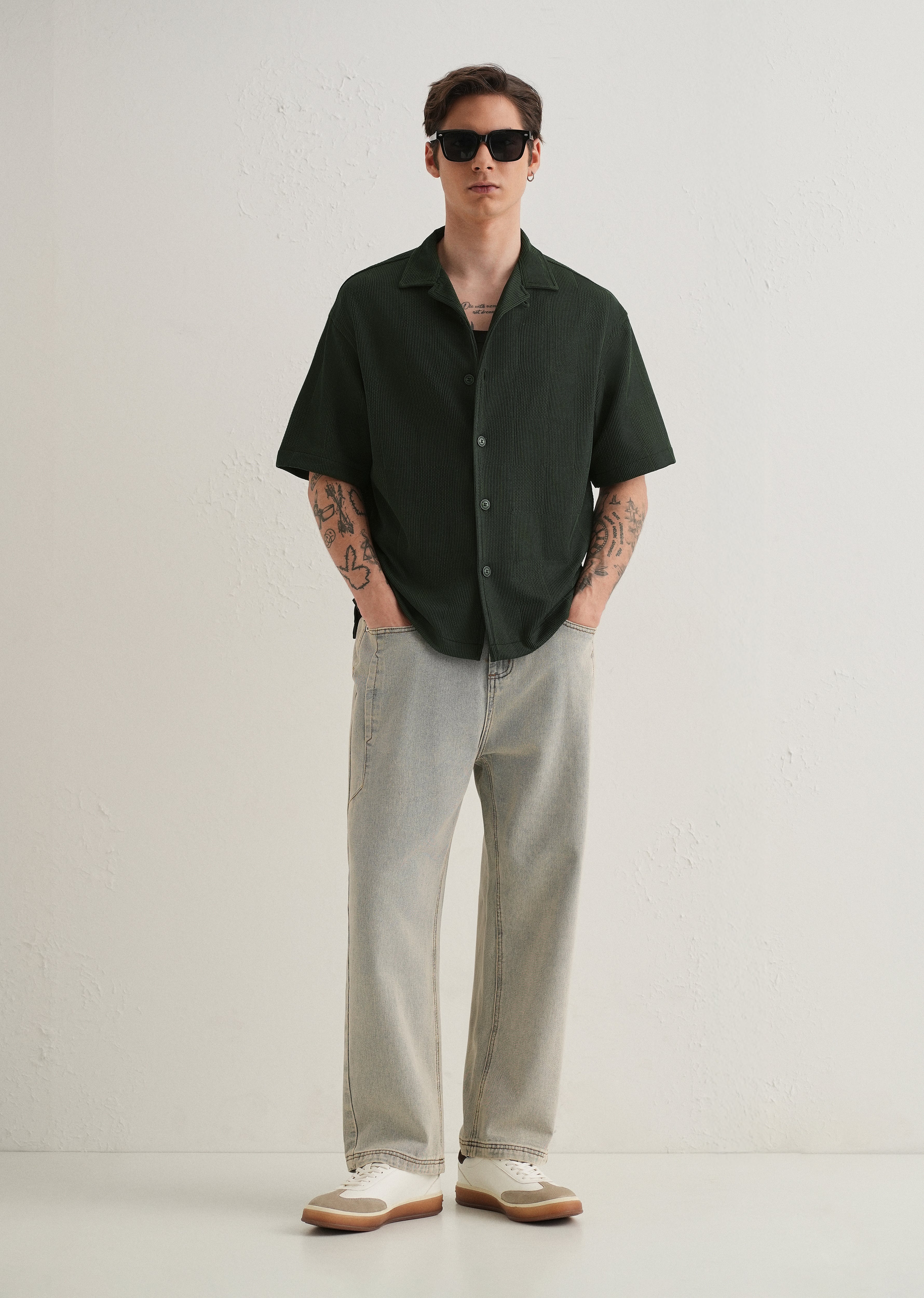 Olive Green Textured Check Knit Shirt