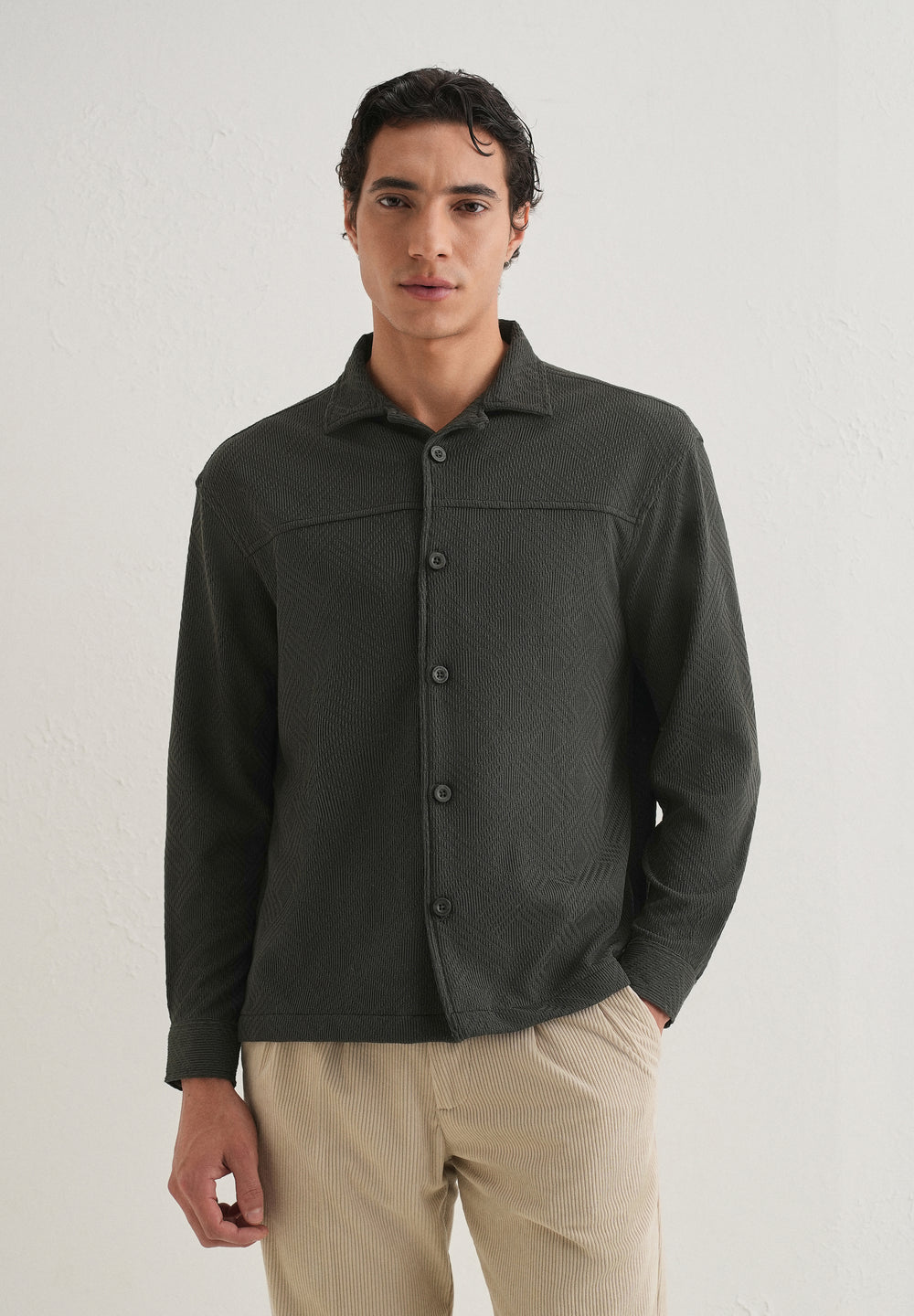 Olive Green Textured Knit Shacket