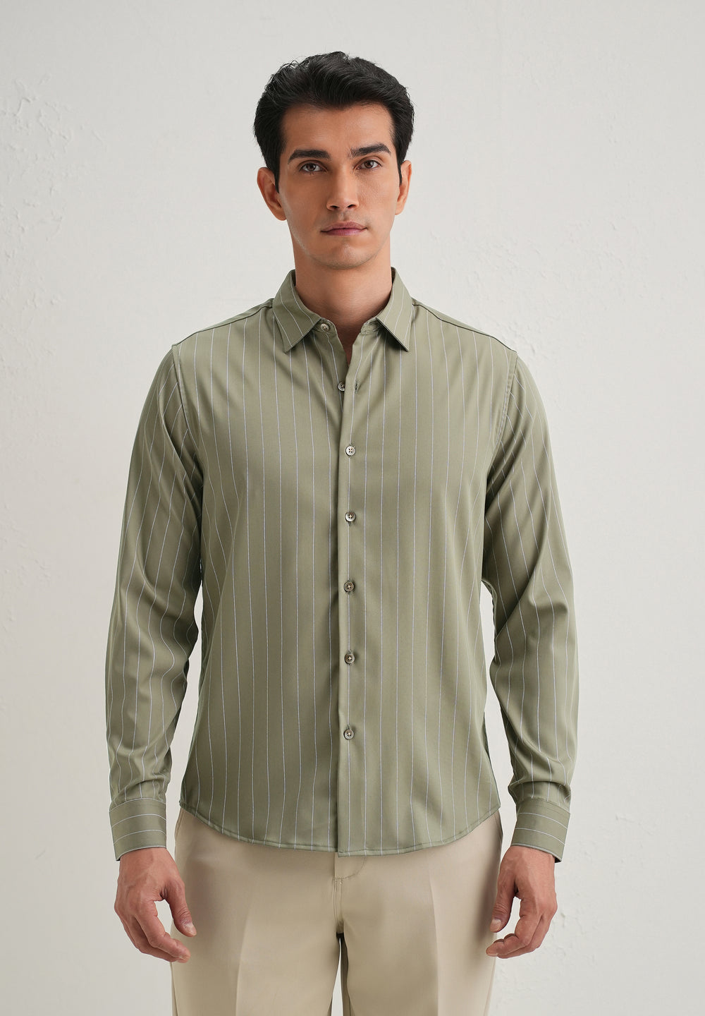Olive Green Vertical Stripe Shirt