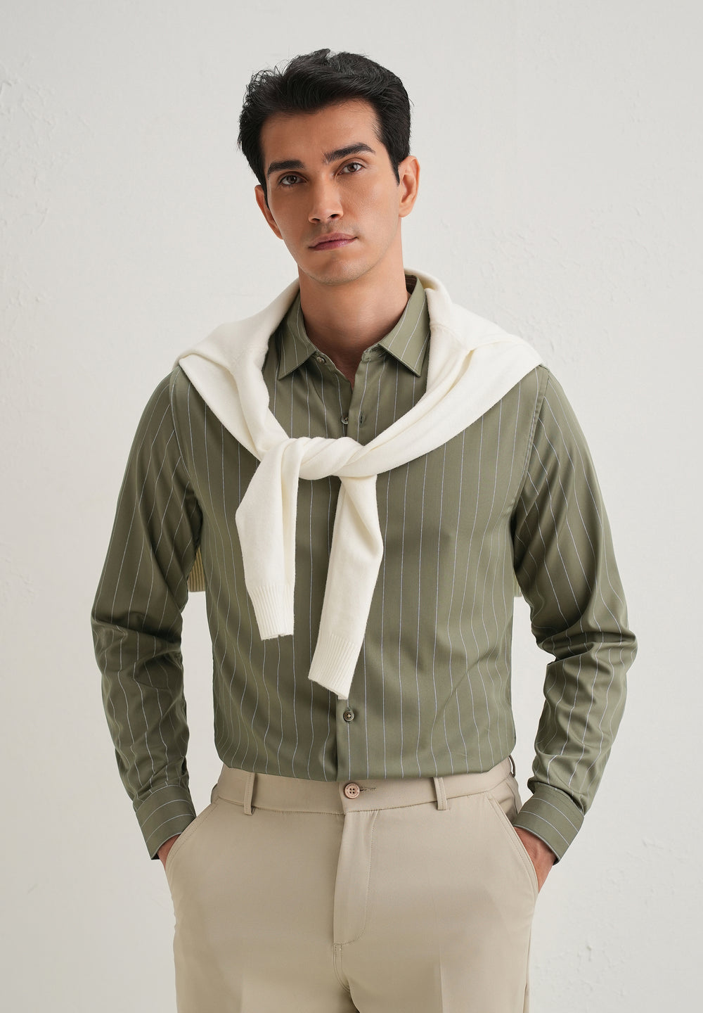 Olive Green Vertical Stripe Shirt