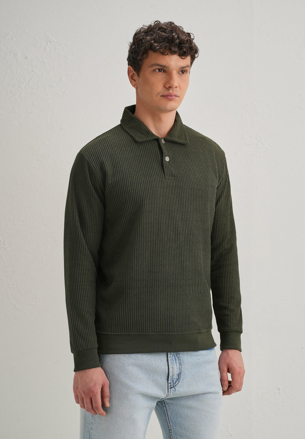 Olive Green Waffle Knit Polo Sweatshirt