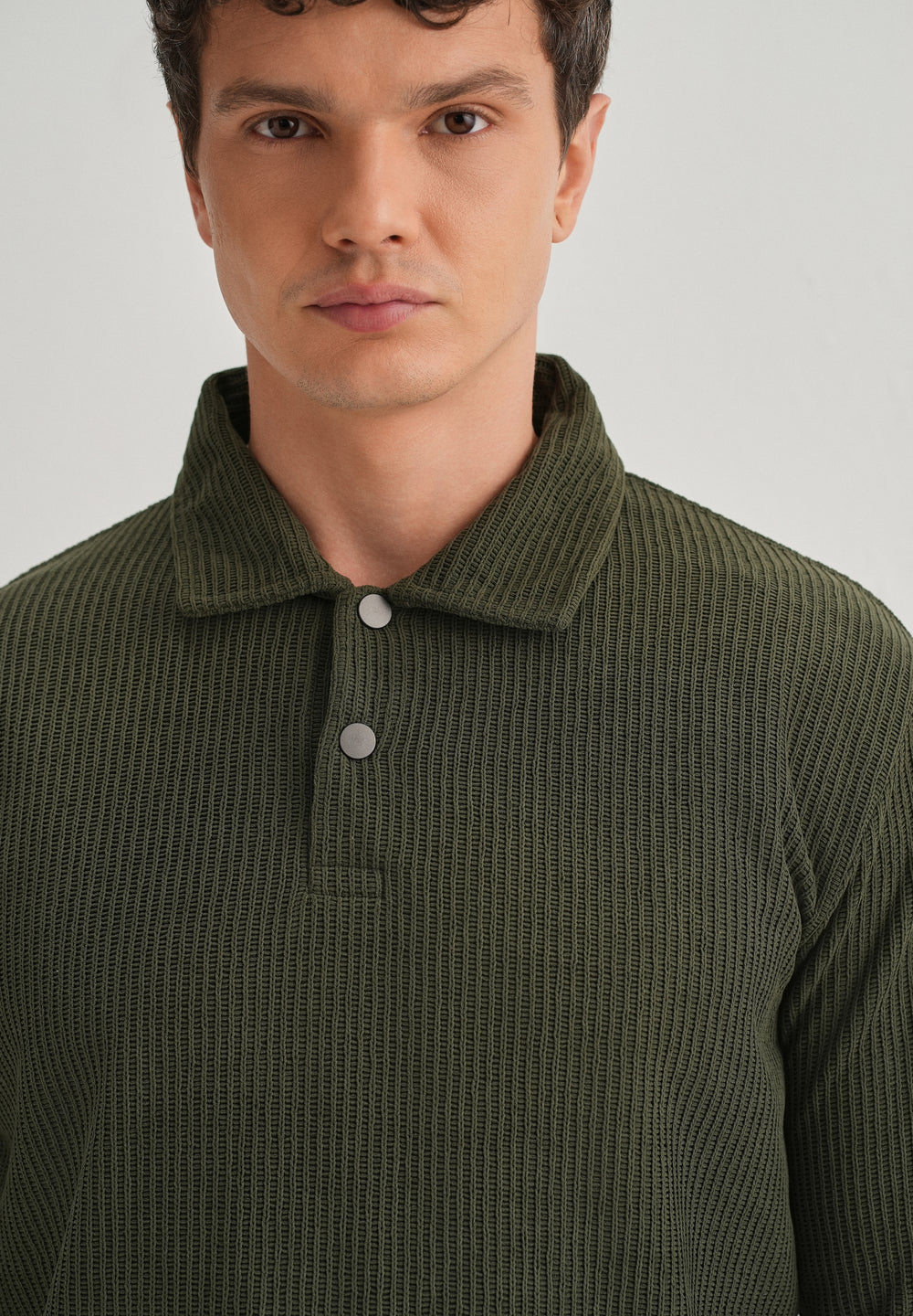 Olive Green Waffle Knit Polo Sweatshirt