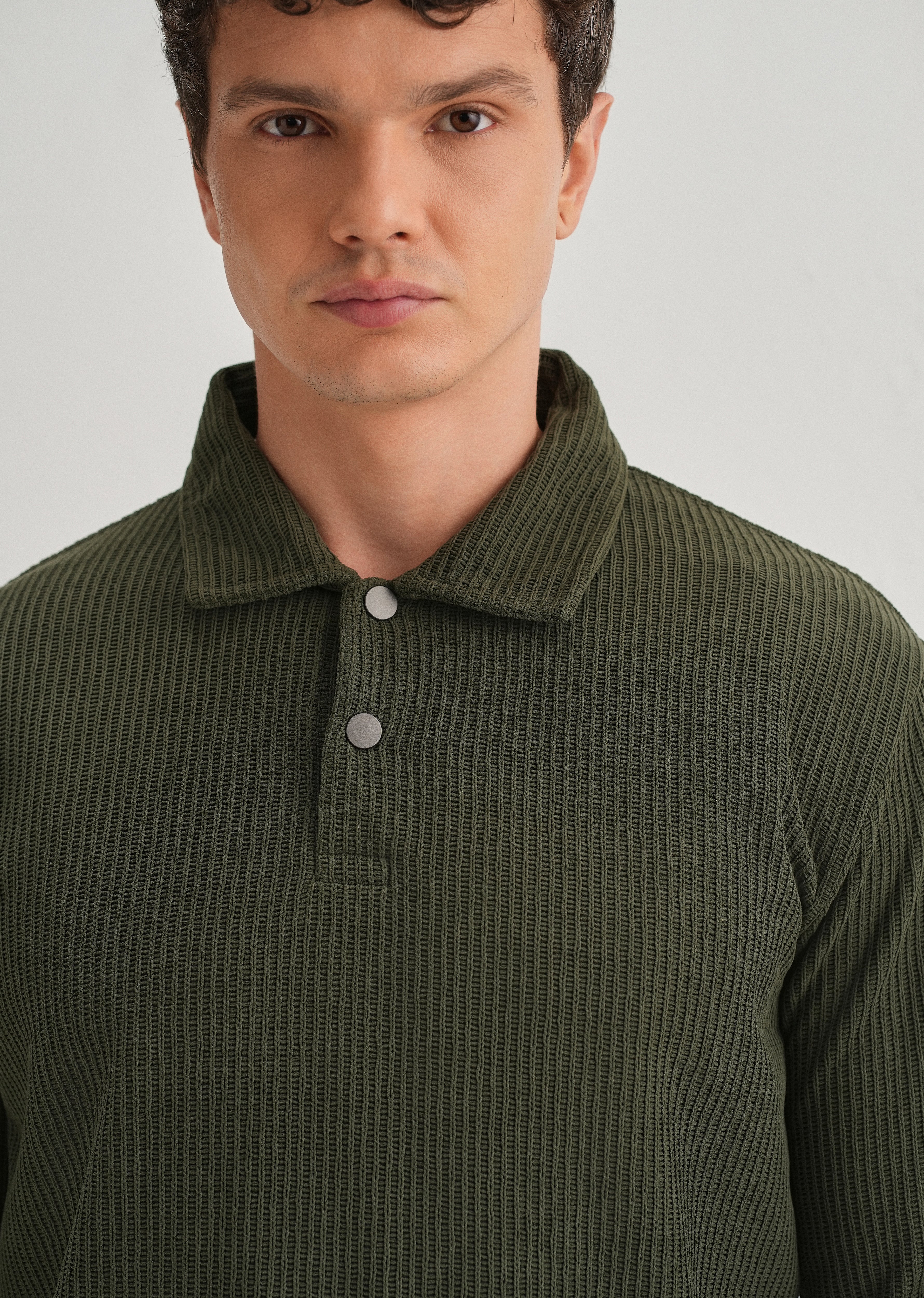 Olive Green Waffle Knit Polo Sweatshirt