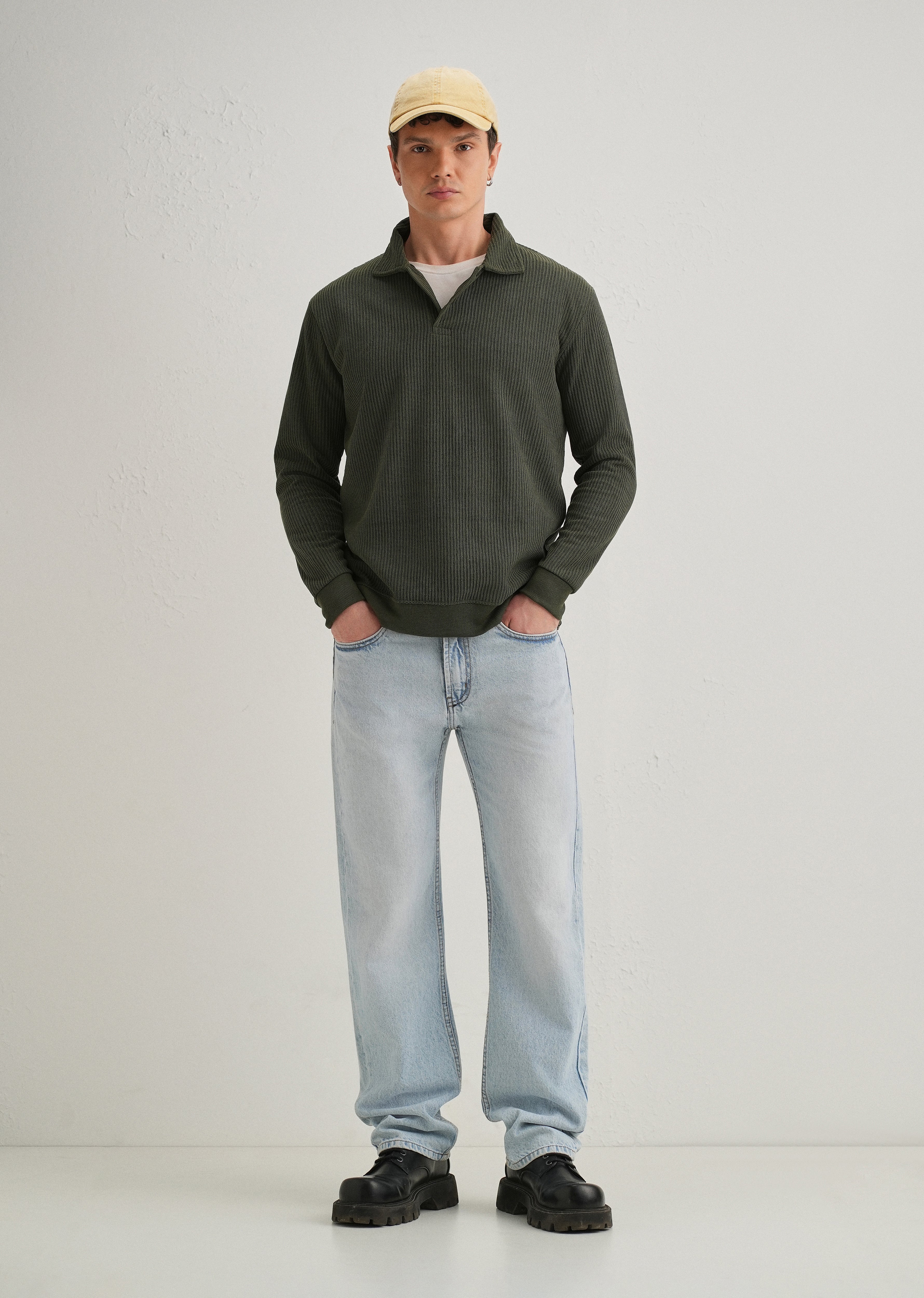 Olive Green Waffle Knit Polo Sweatshirt