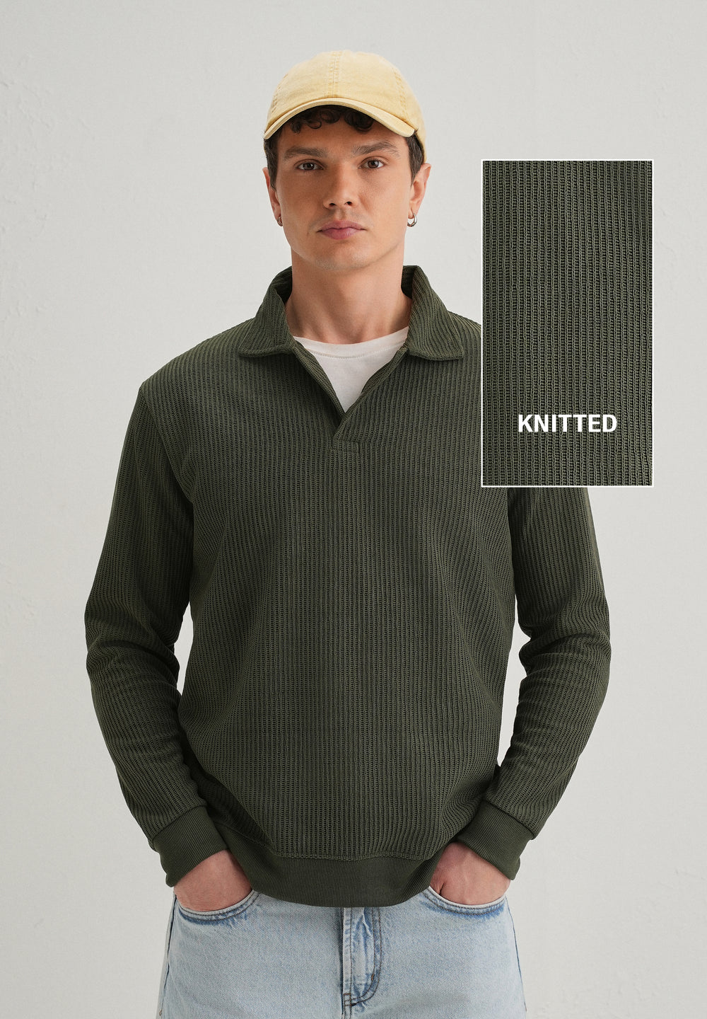 Olive Green Waffle Knit Polo Sweatshirt