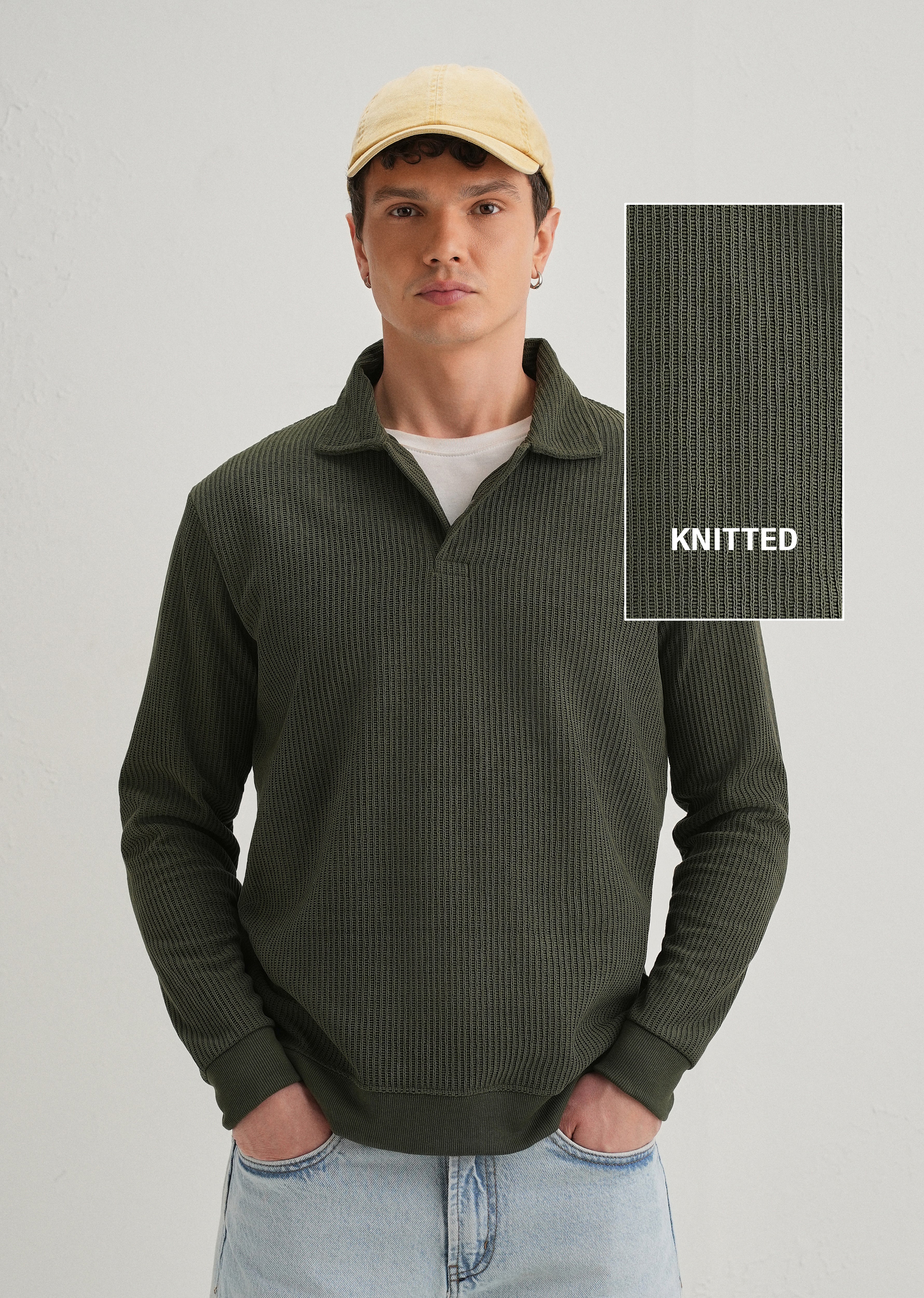 Olive Green Waffle Knit Polo Sweatshirt