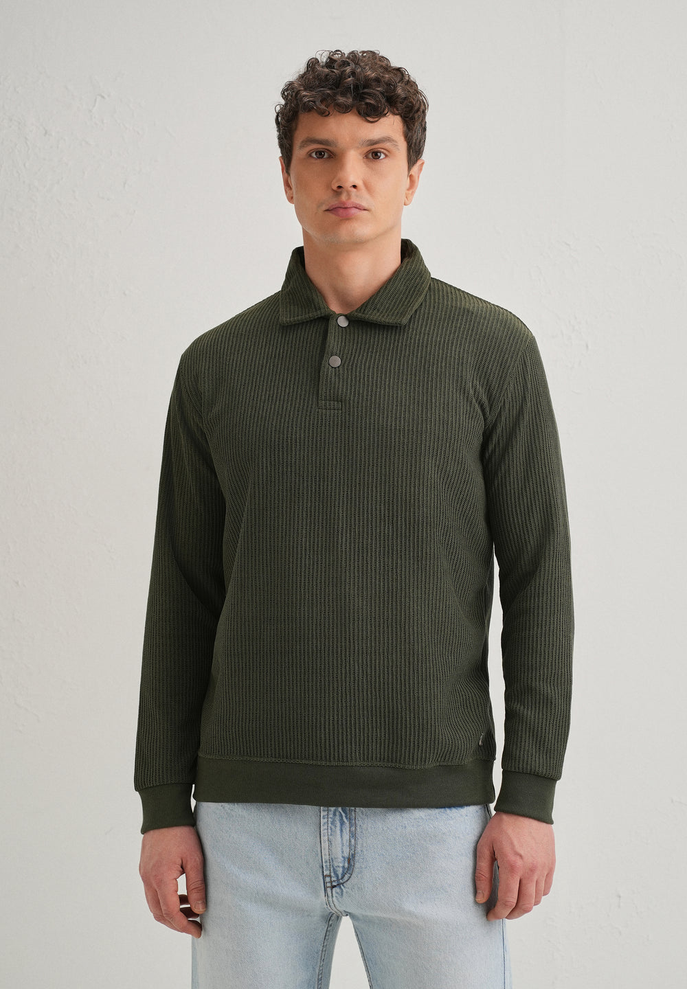 Olive Green Waffle Knit Polo Sweatshirt