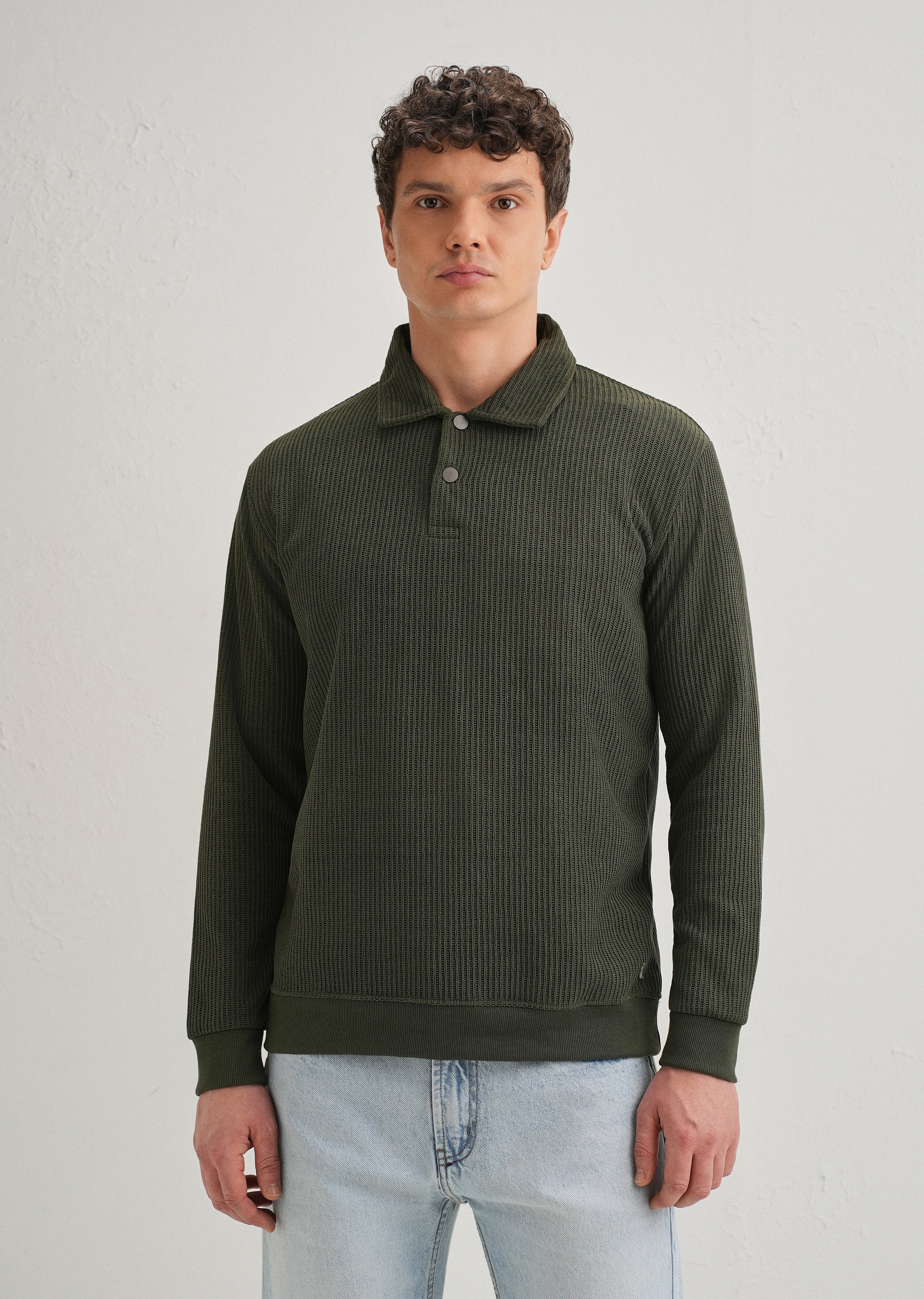 Olive Green Waffle Knit Polo Sweatshirt