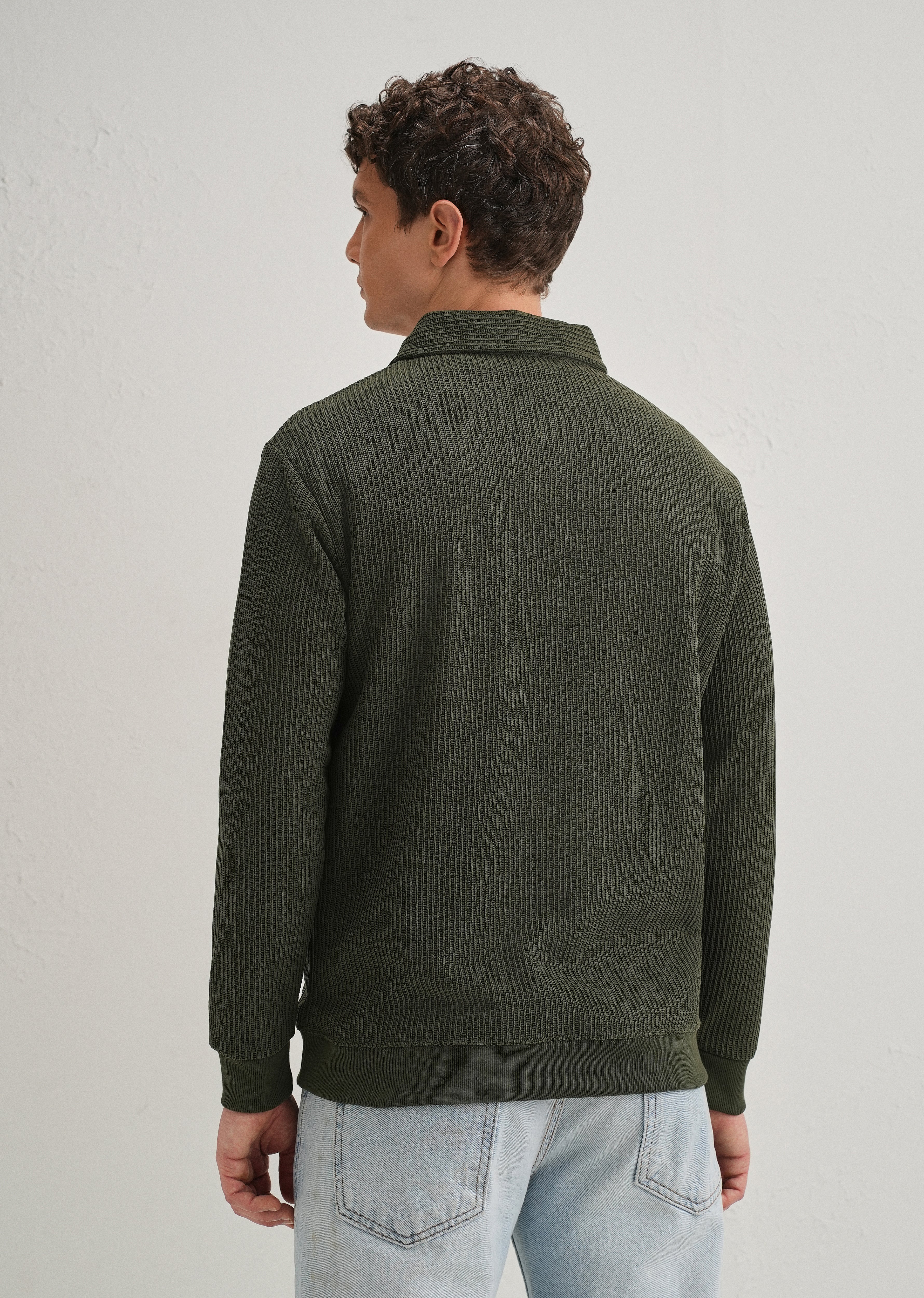 Olive Green Waffle Knit Polo Sweatshirt