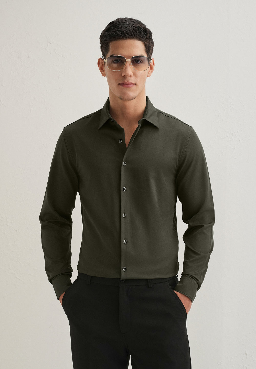 Olive Green Wrinkle Free Stitchless Placket Shirt