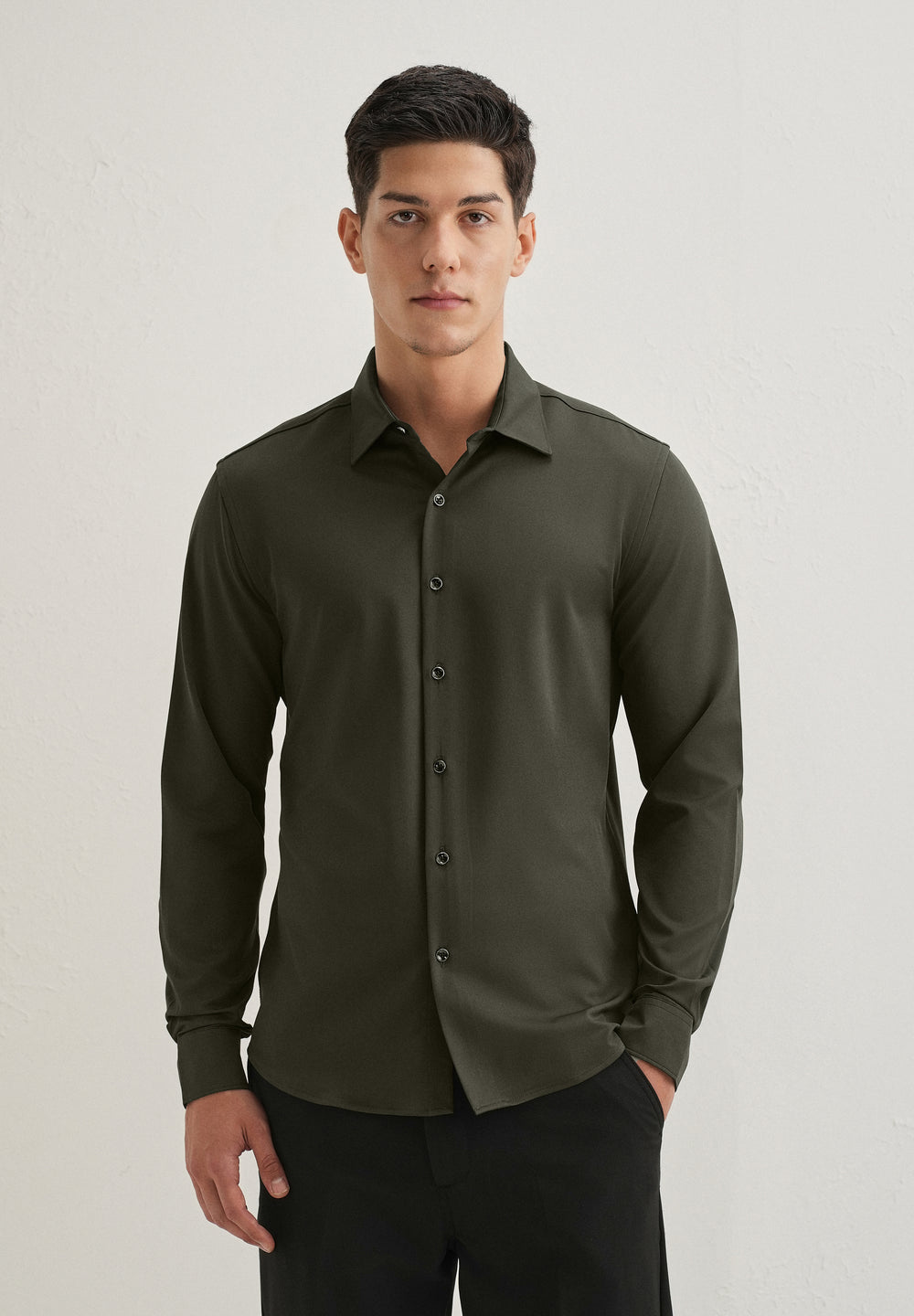 Olive Green Wrinkle Free Stitchless Placket Shirt