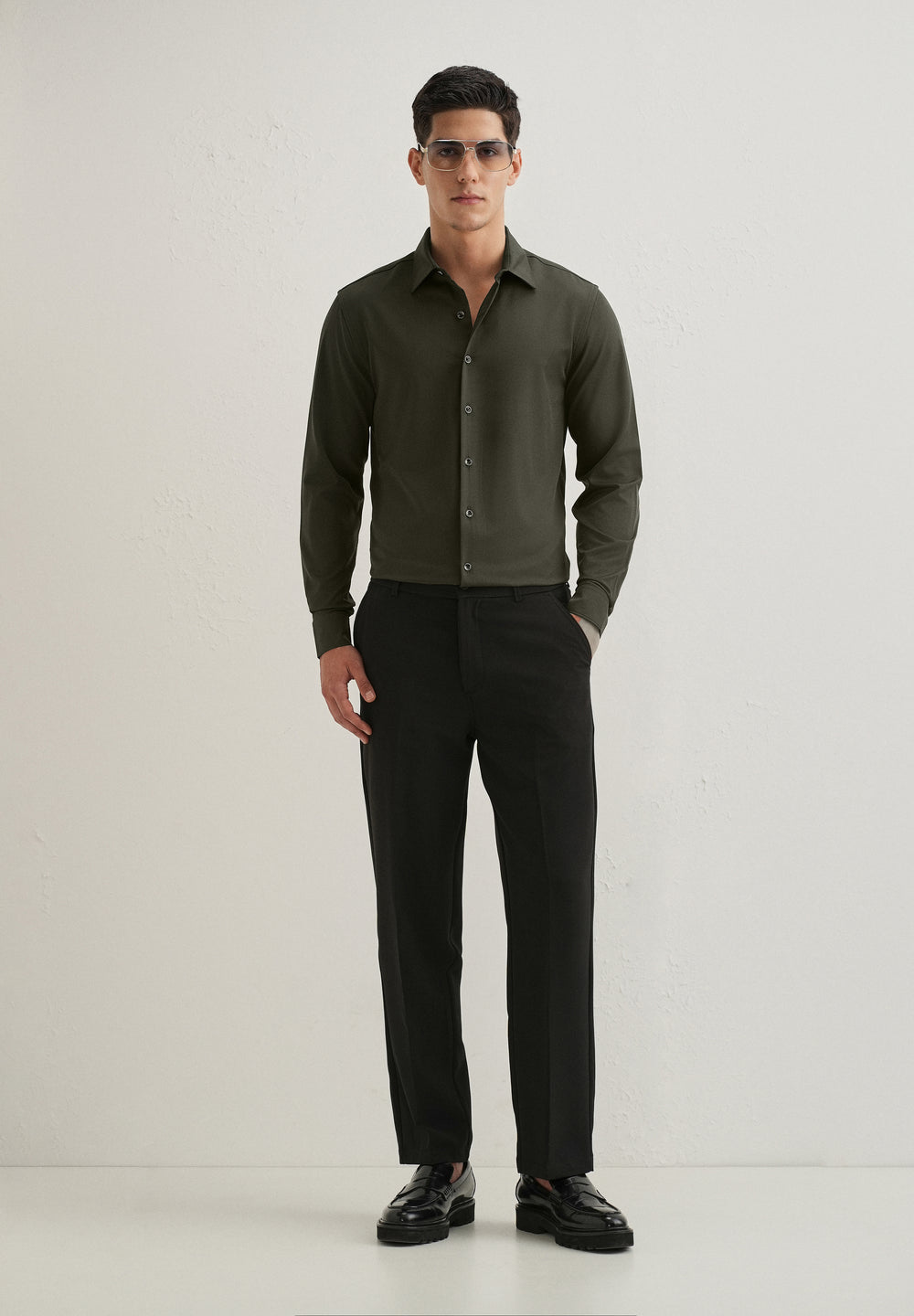 Olive Green Wrinkle Free Stitchless Placket Shirt