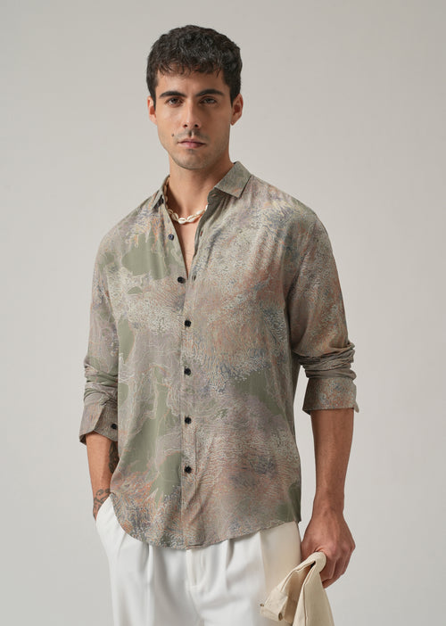 Olive Intricate Print Feather Shirt