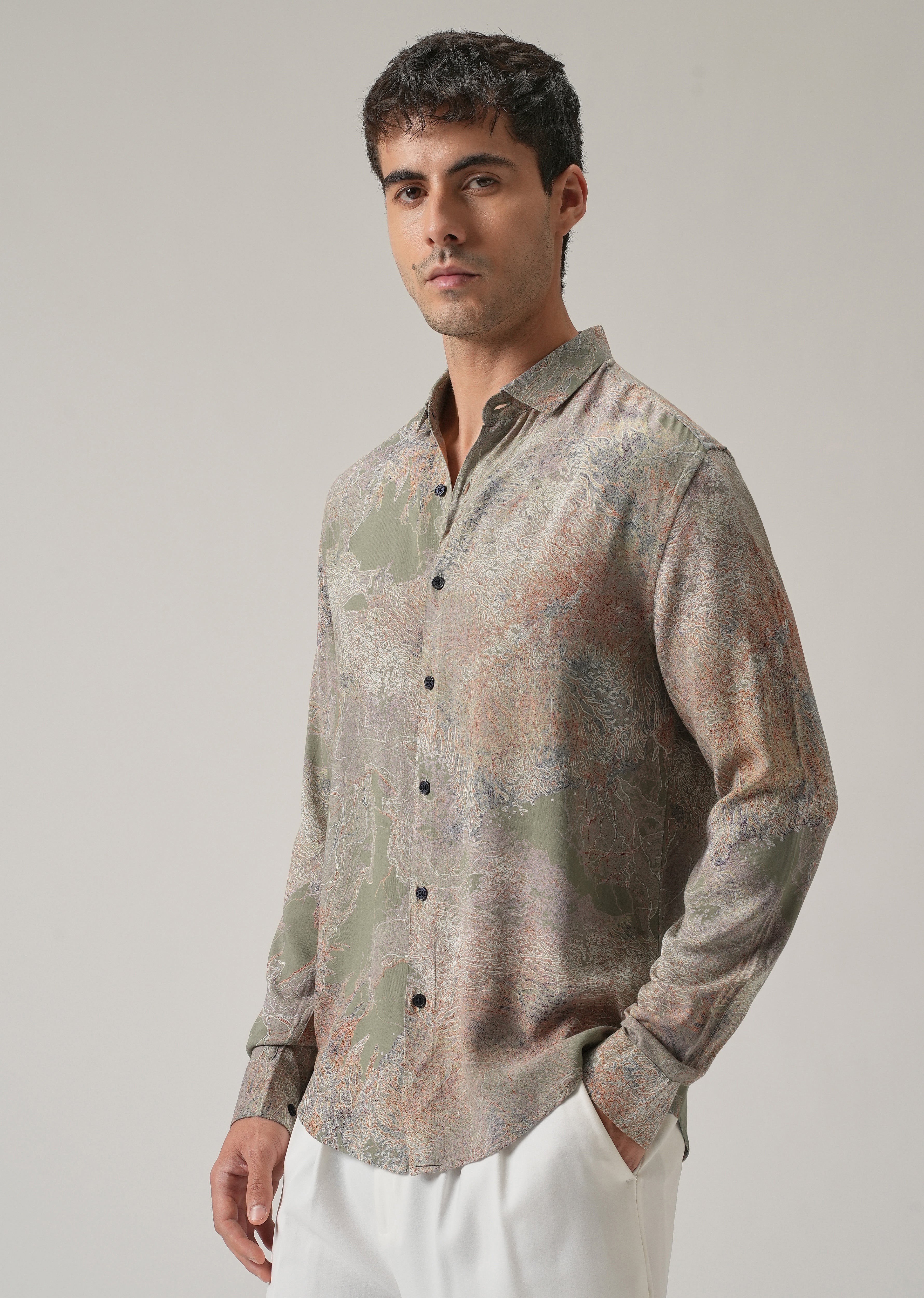 Olive Intricate Print Feather Shirt