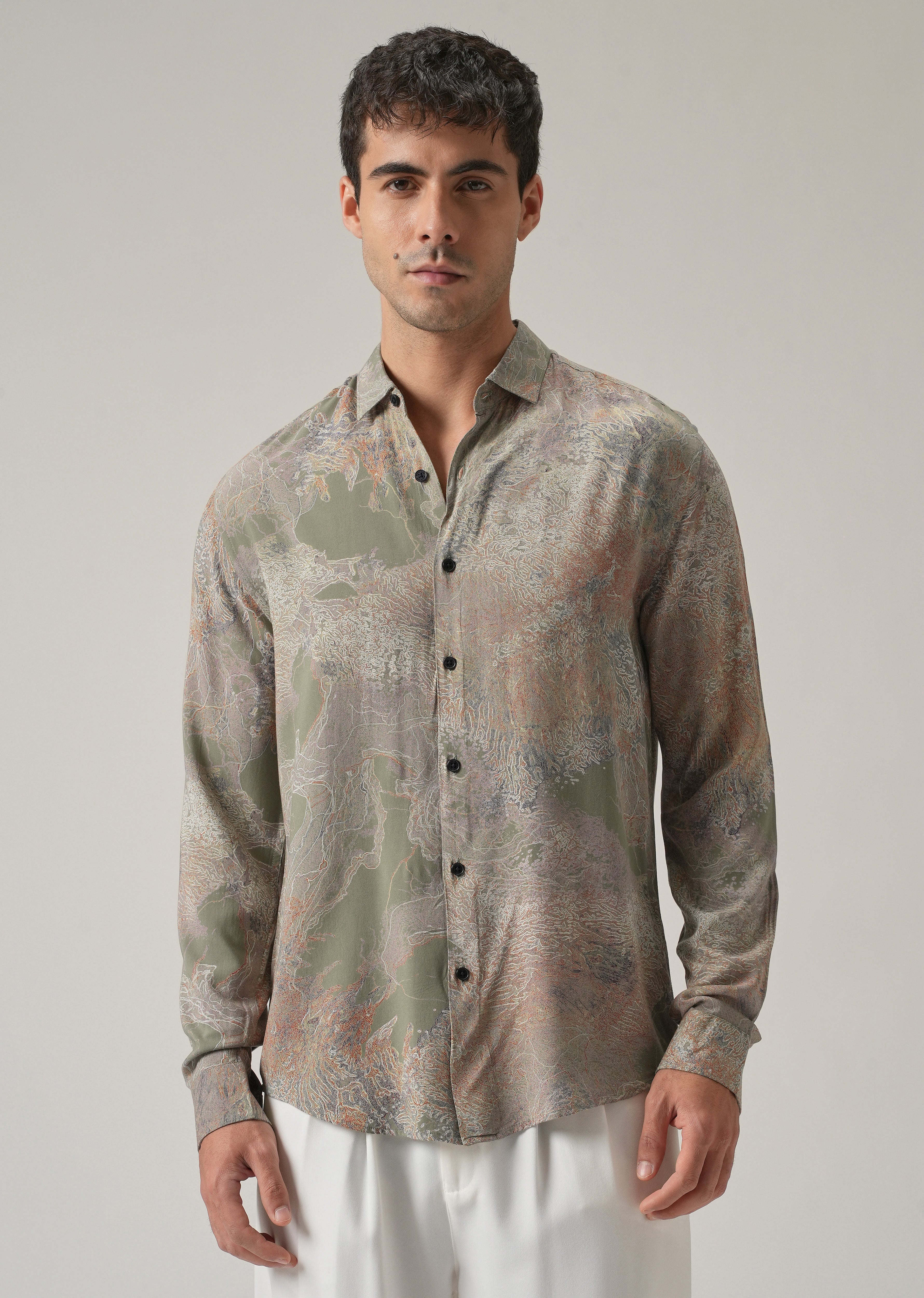 Olive Intricate Print Feather Shirt