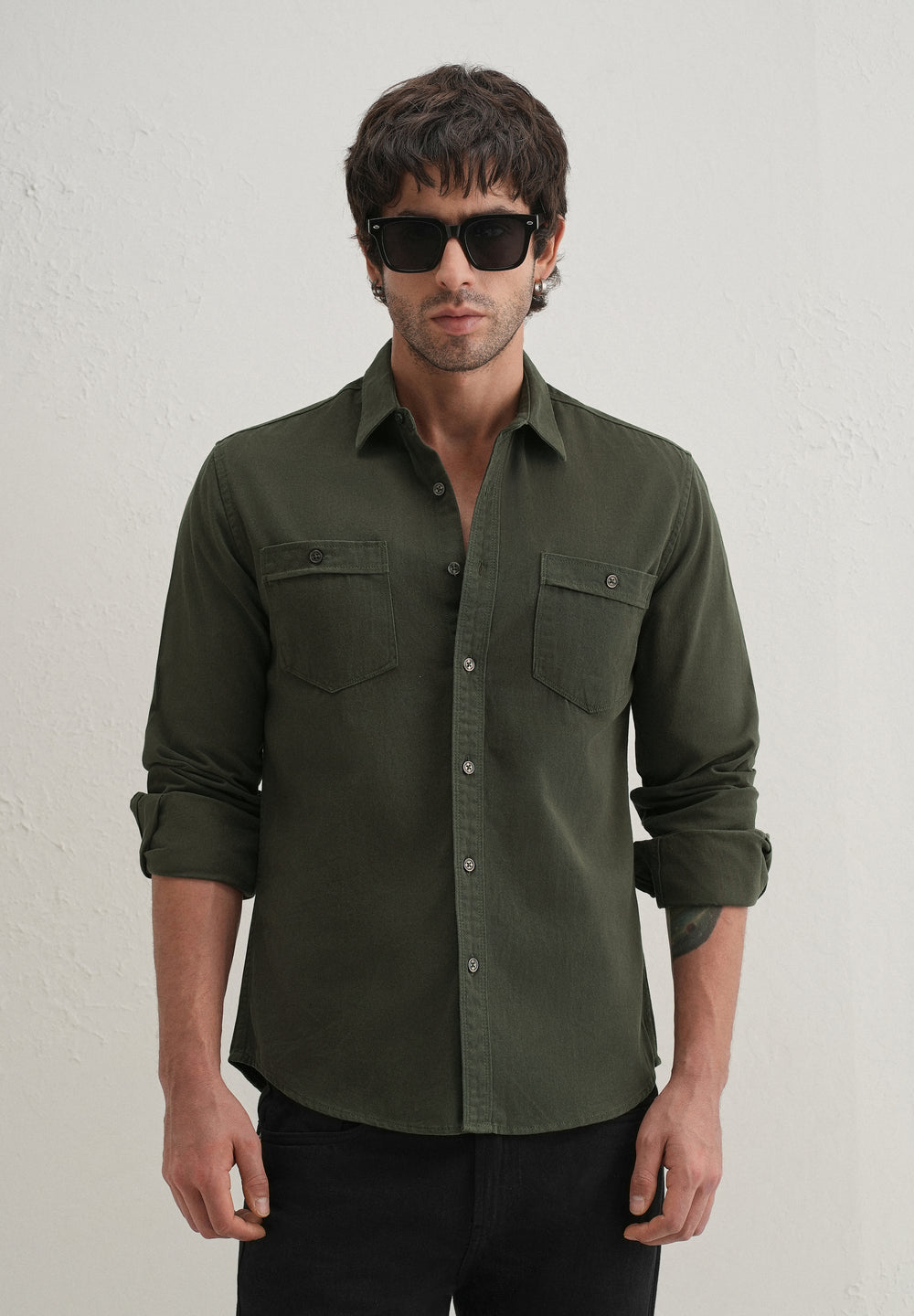 Olive Plain Double Pocket Shirt