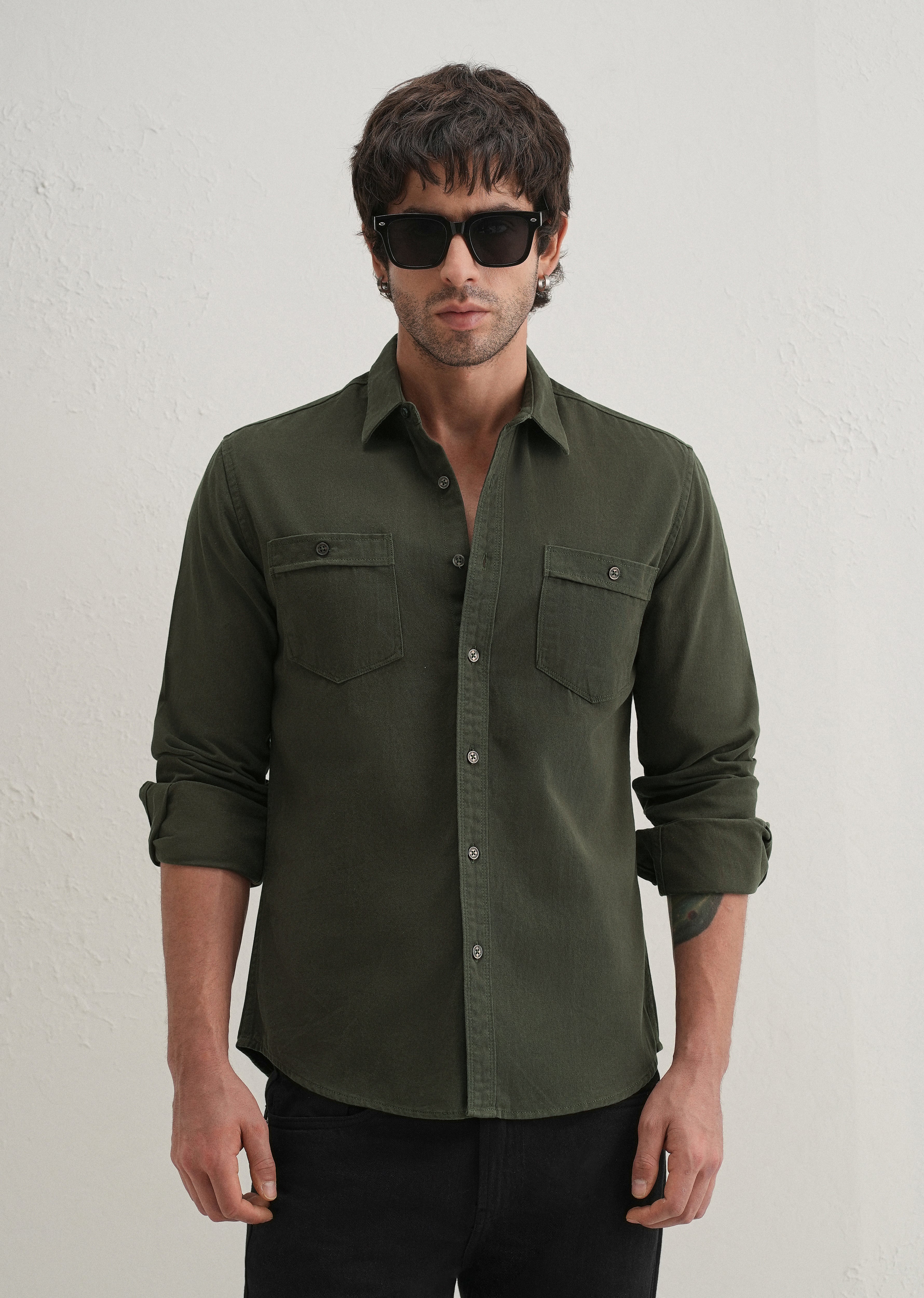 Olive Plain Double Pocket Shirt
