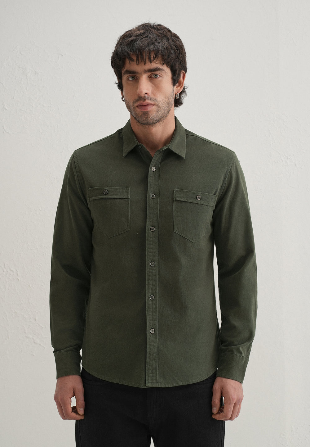 Olive Plain Double Pocket Shirt