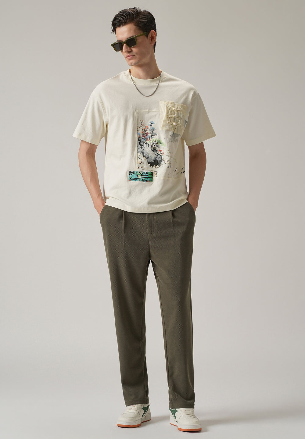 Olive Textured Pleated Relaxed Fit Pant