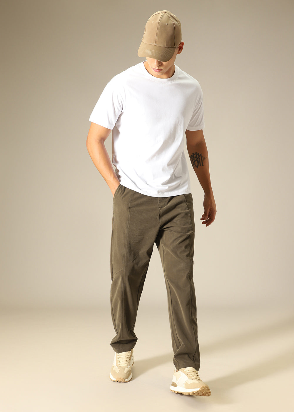 Light Olive Striped Relaxed Fit Trouser