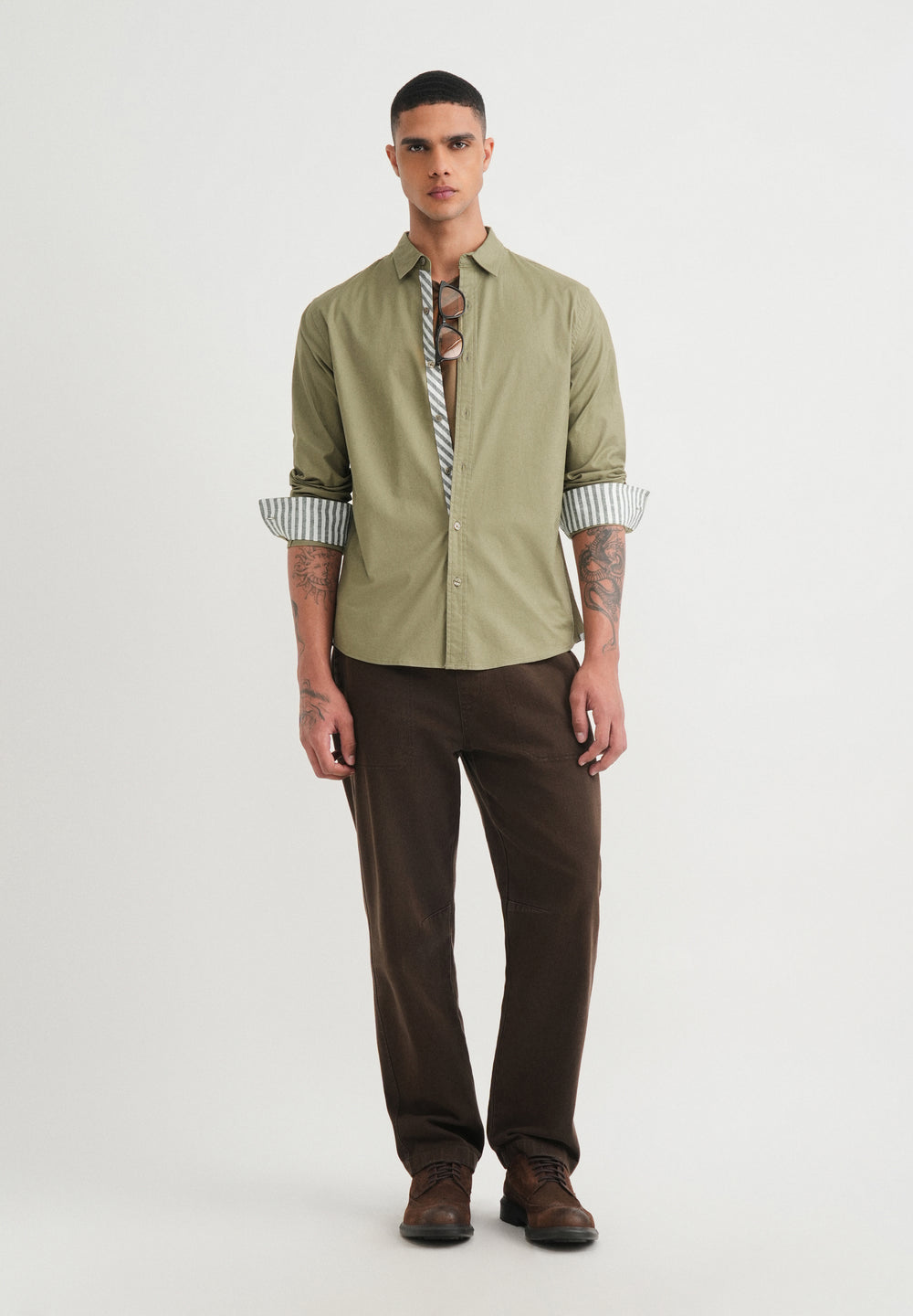 Olive Striped Placket Cotton Shirt