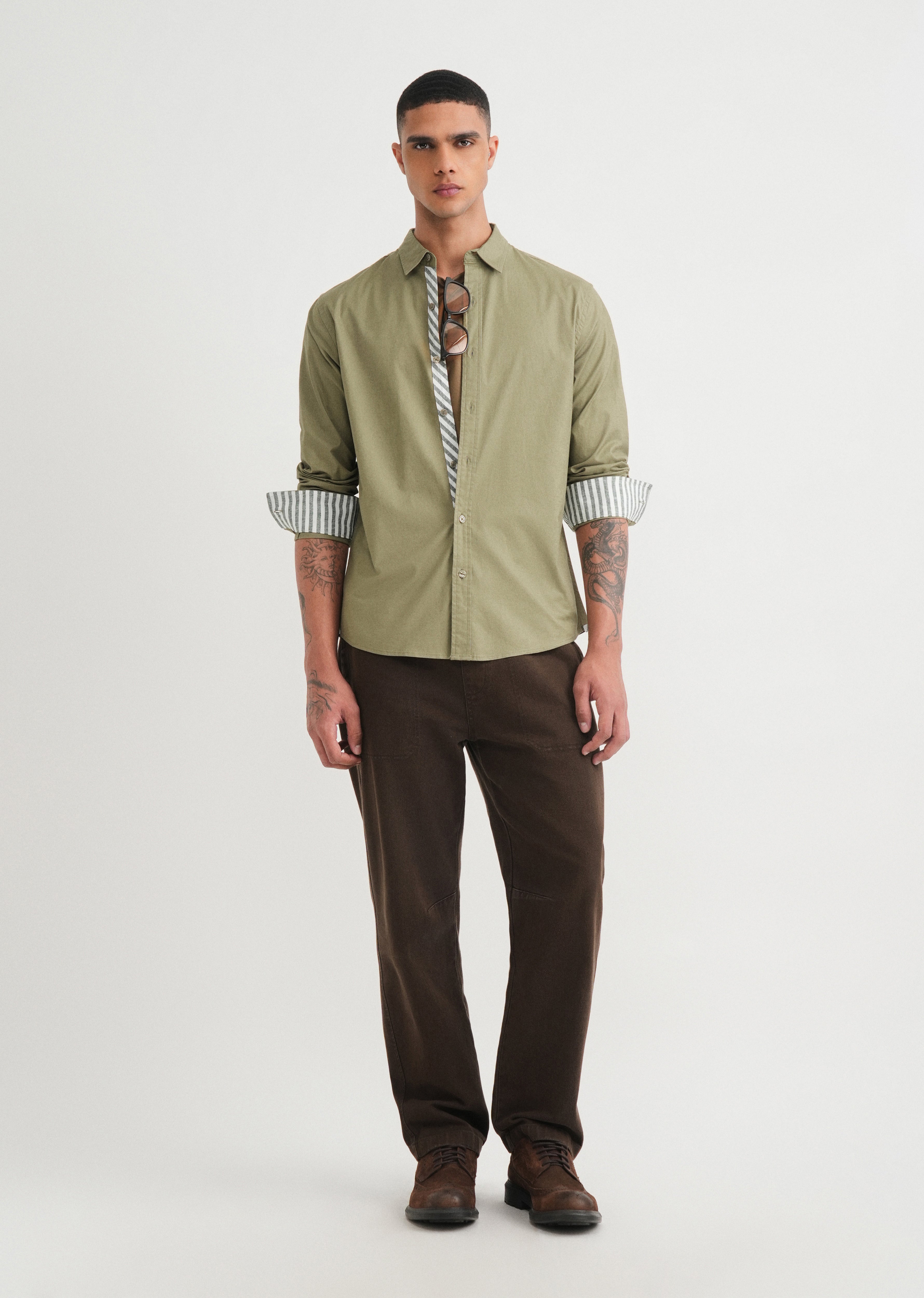 Olive Striped Placket Cotton Shirt