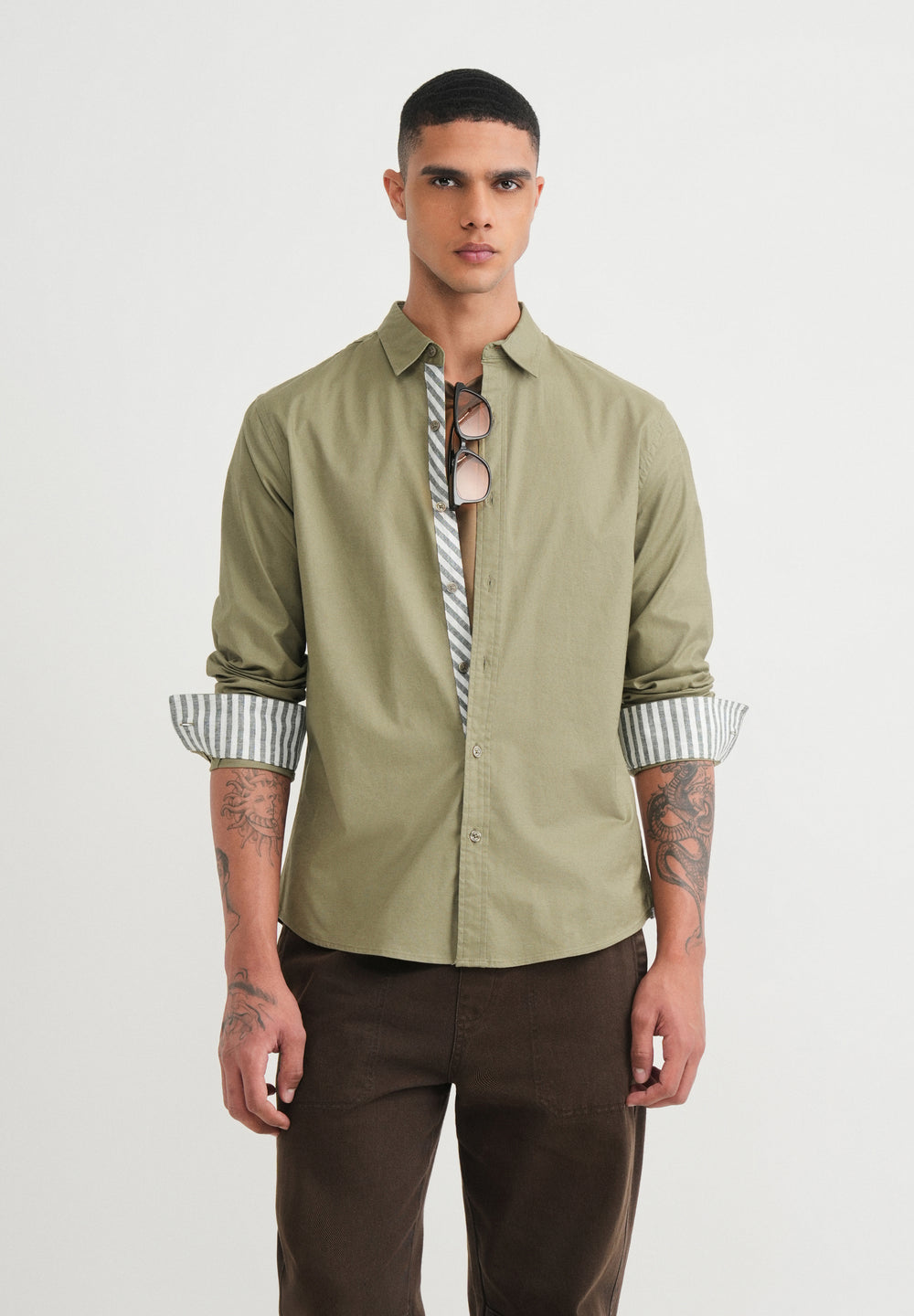 Olive Striped Placket Cotton Shirt