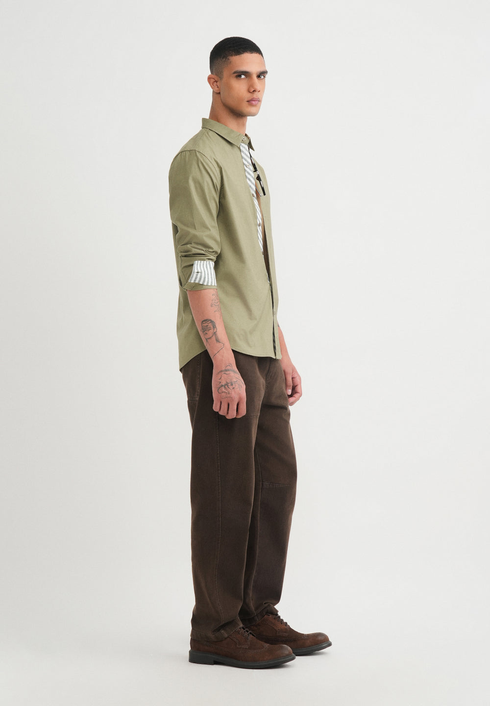 Olive Striped Placket Cotton Shirt