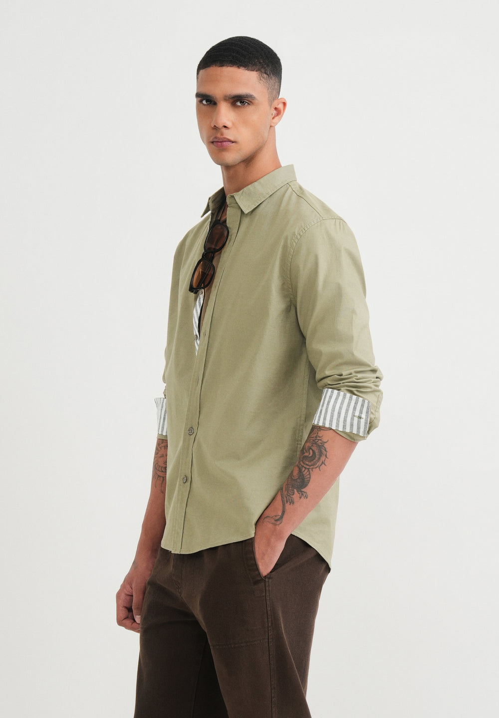 Olive Striped Placket Cotton Shirt