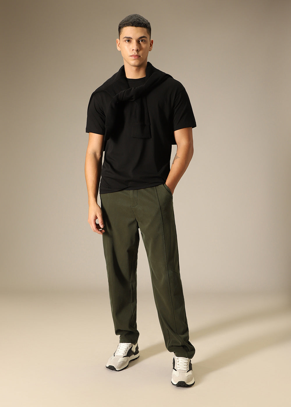 Olive Striped Relaxed Fit Trouser