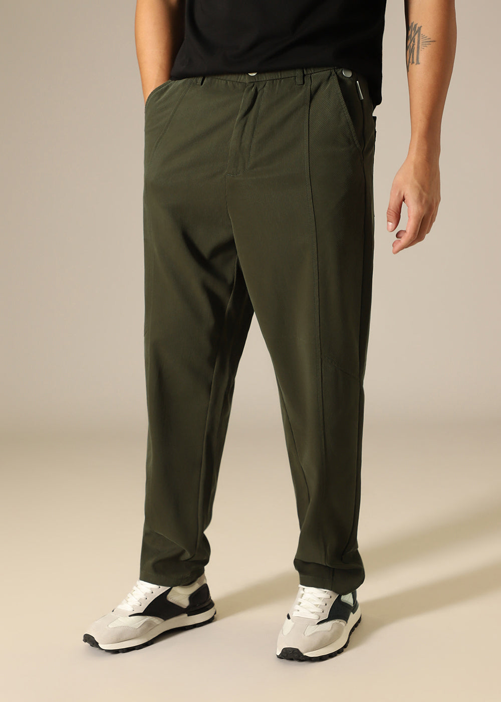 Olive Striped Relaxed Fit Trouser