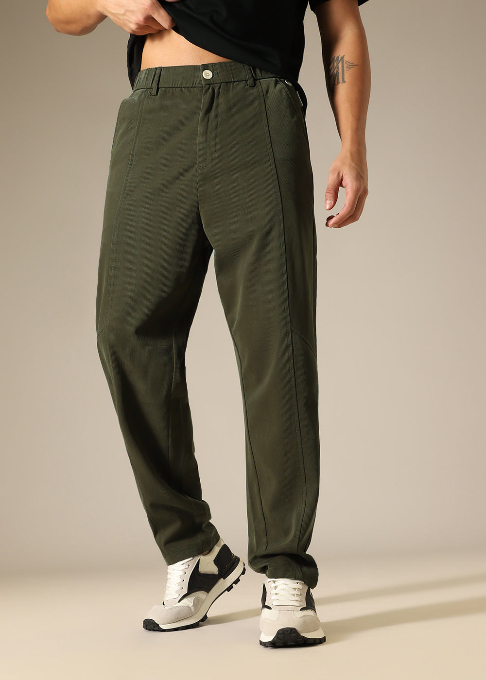 Olive Striped Relaxed Fit Trouser