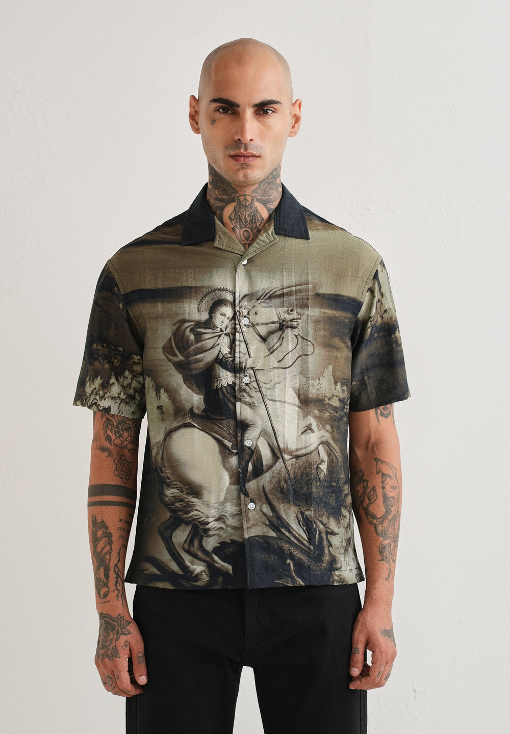 Olive Vintage Placement Print Shirt