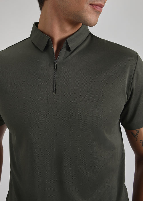 Olive Zipper Stitchless Polo T-shirt