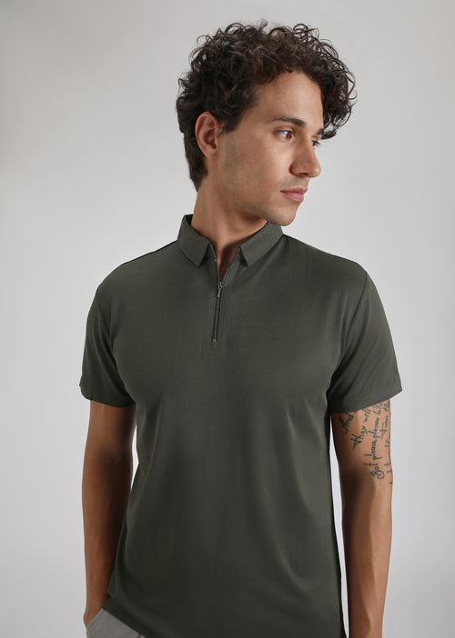 Olive Zipper Stitchless Polo T-shirt