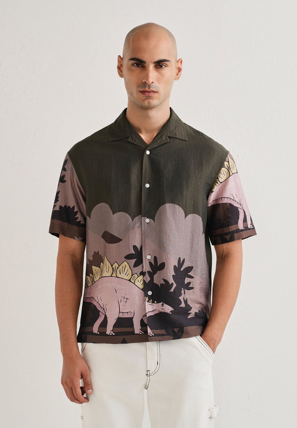 Olive Dino Placement Print Shirt
