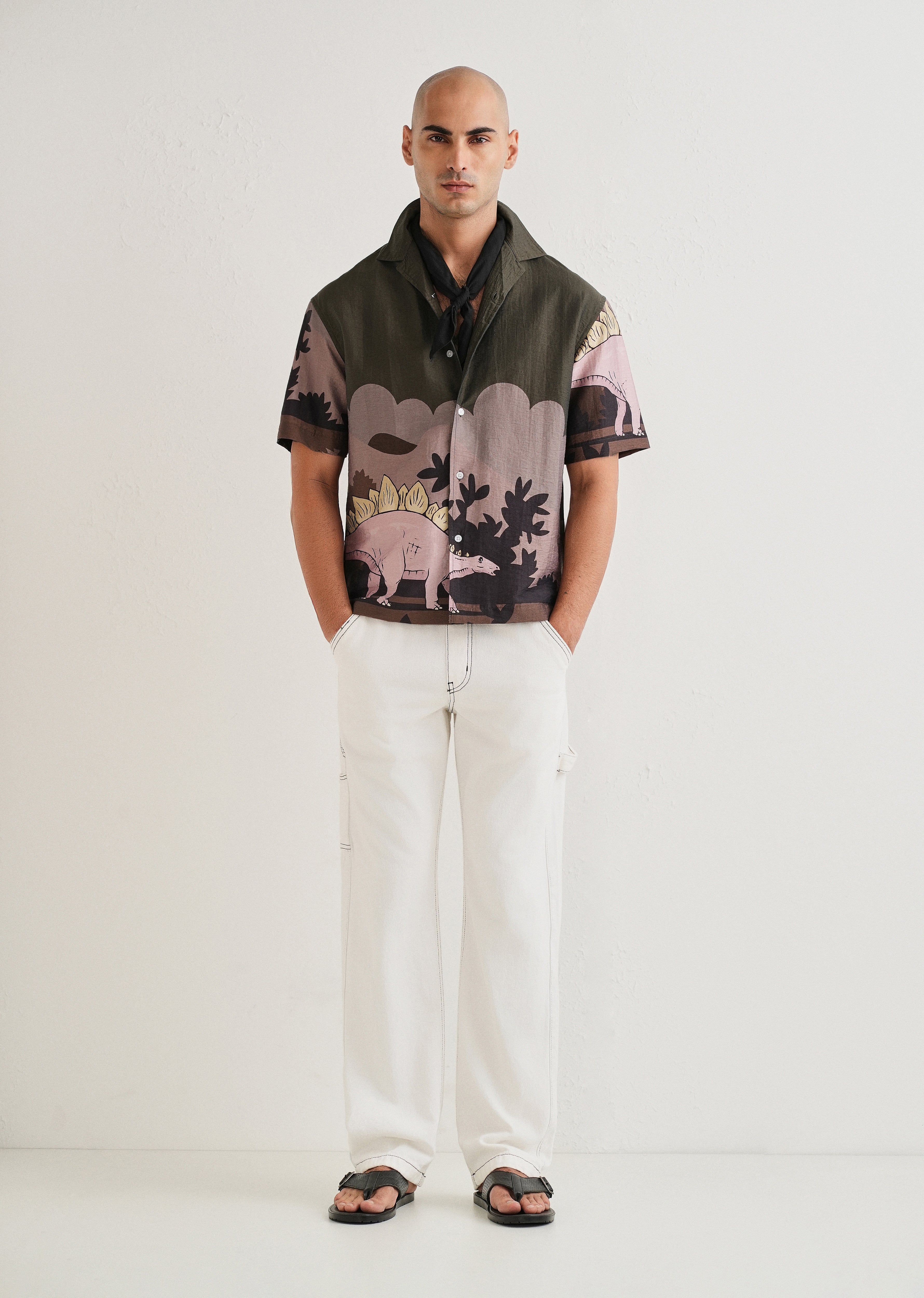 Olive Dino Placement Print Shirt