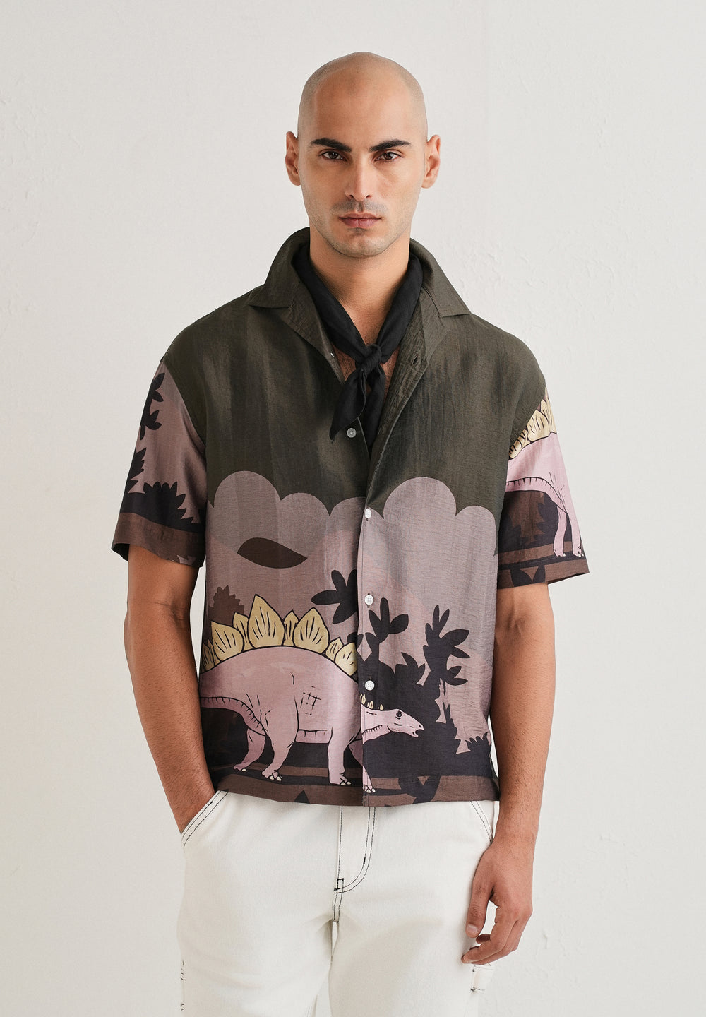 Olive Dino Placement Print Shirt