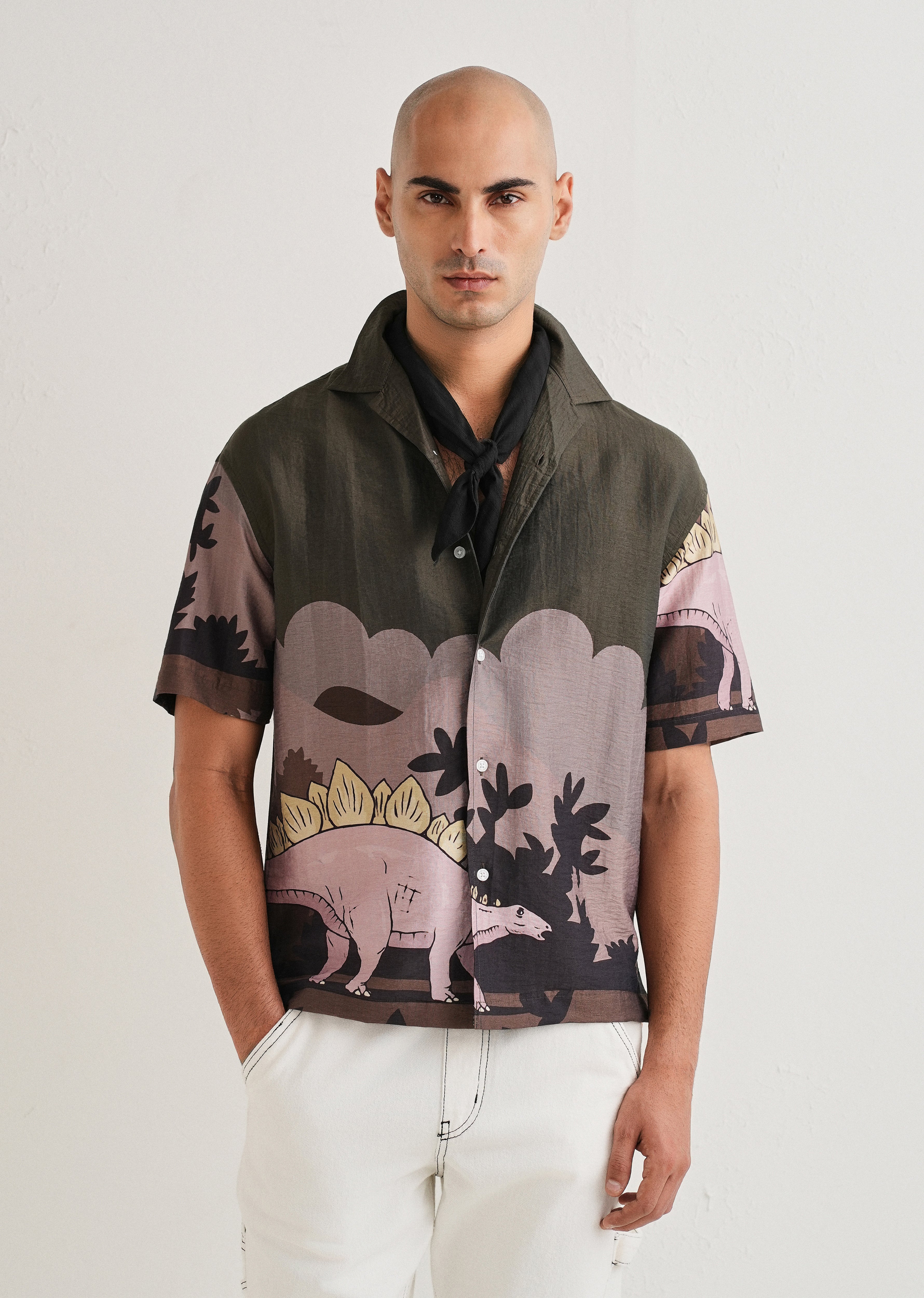 Olive Dino Placement Print Shirt