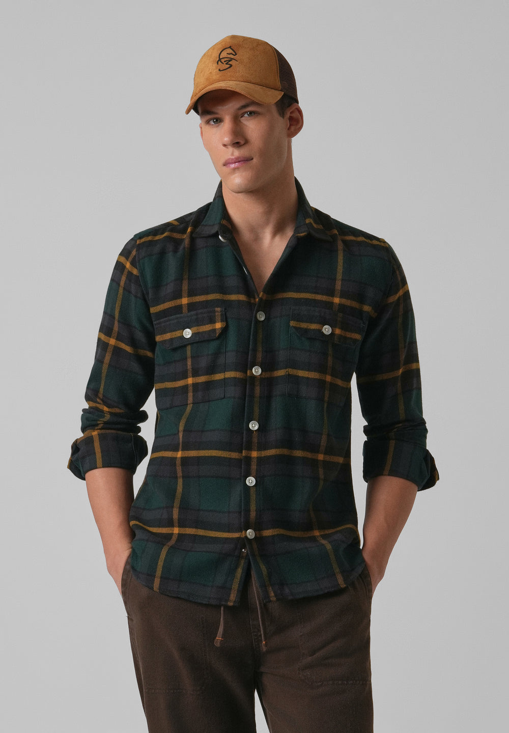 Olive Green Brushed Cotton Check Shirt