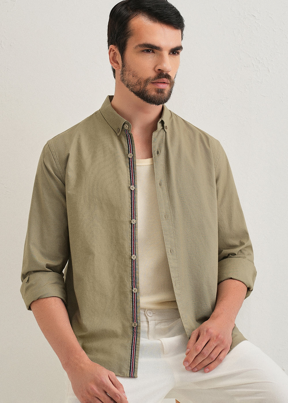 Olive Green Contrast Placket Shirt