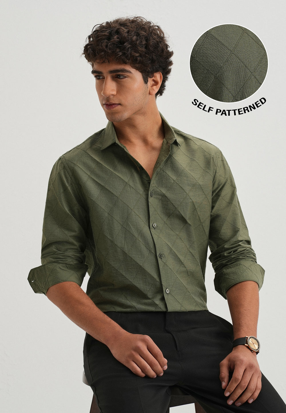 Olive Green Diamond Self Pattern Shirt