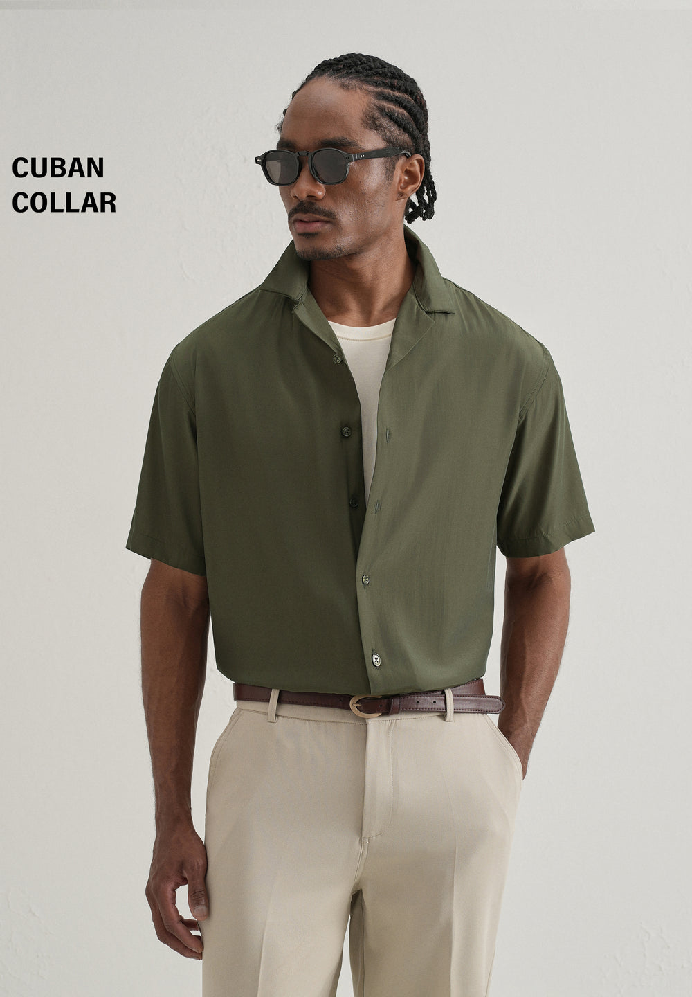 Olive Green Plain Sheen Cuban Collar Shirt