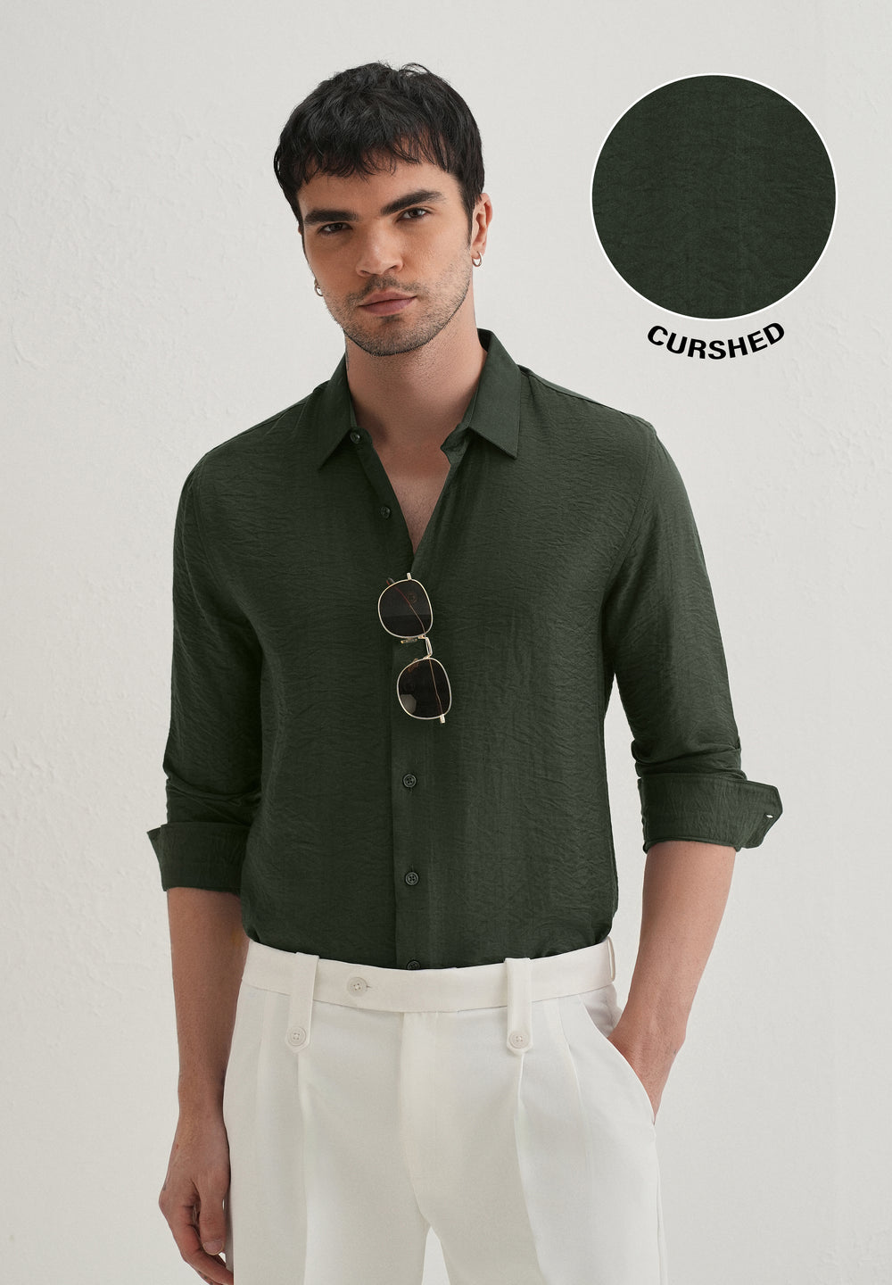 Olive Plain Crushed Satin Shirt