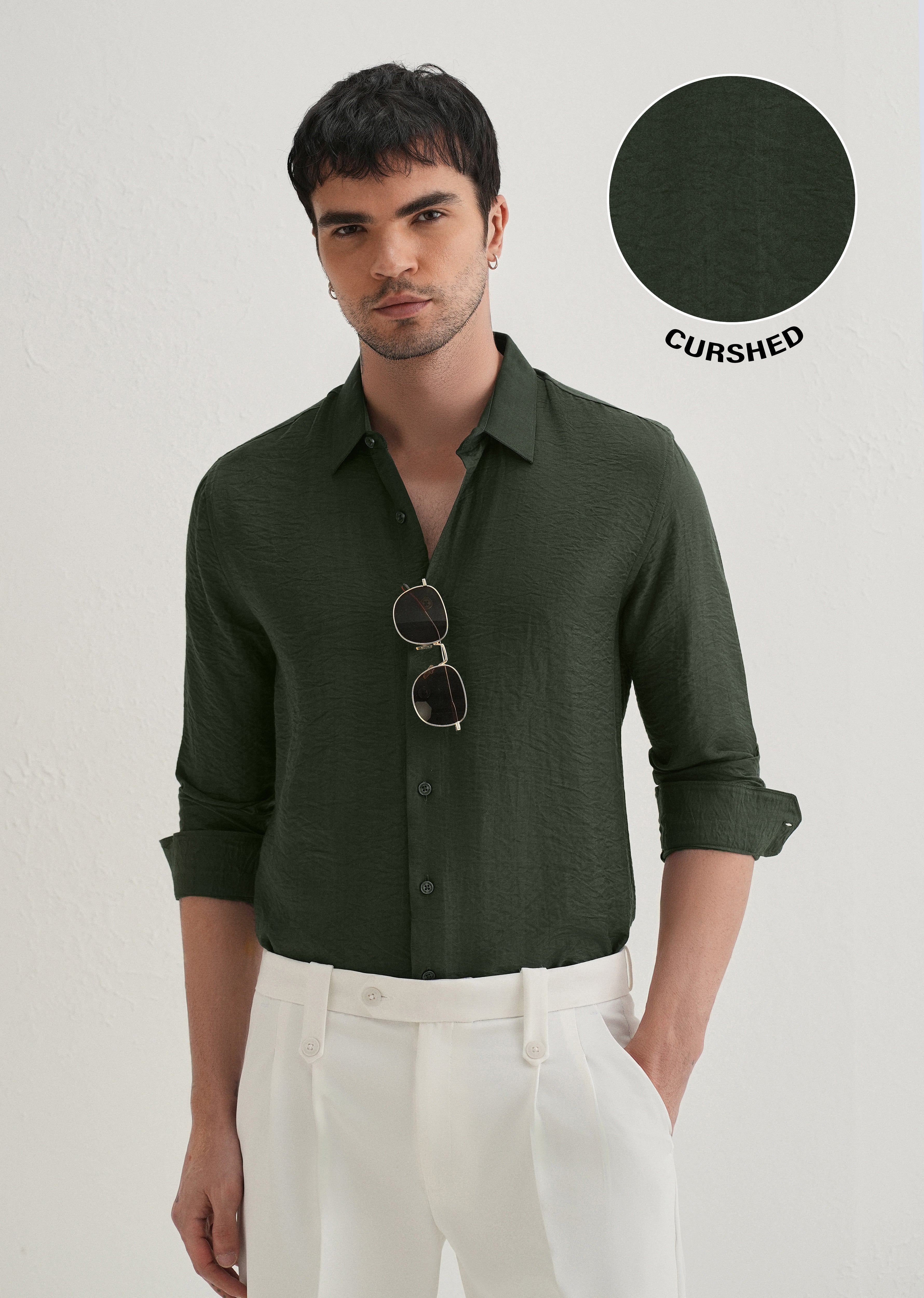 Olive Plain Crushed Satin Shirt
