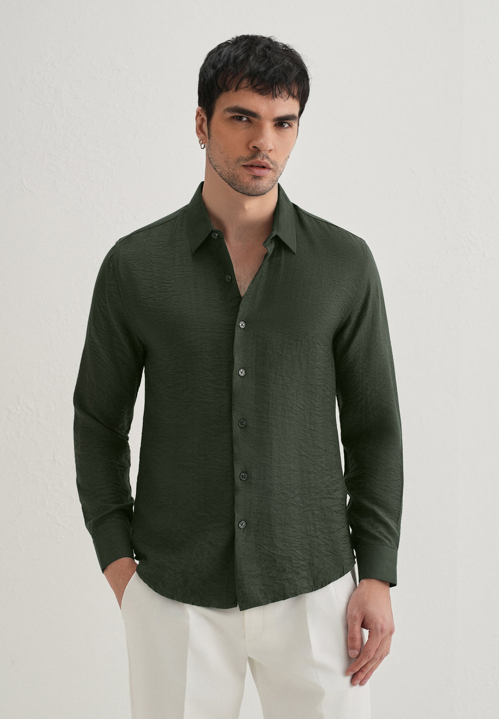 Olive Plain Crushed Satin Shirt