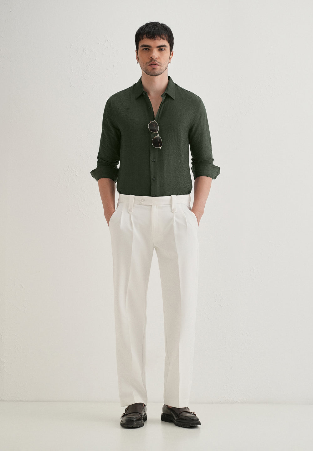 Olive Plain Crushed Satin Shirt