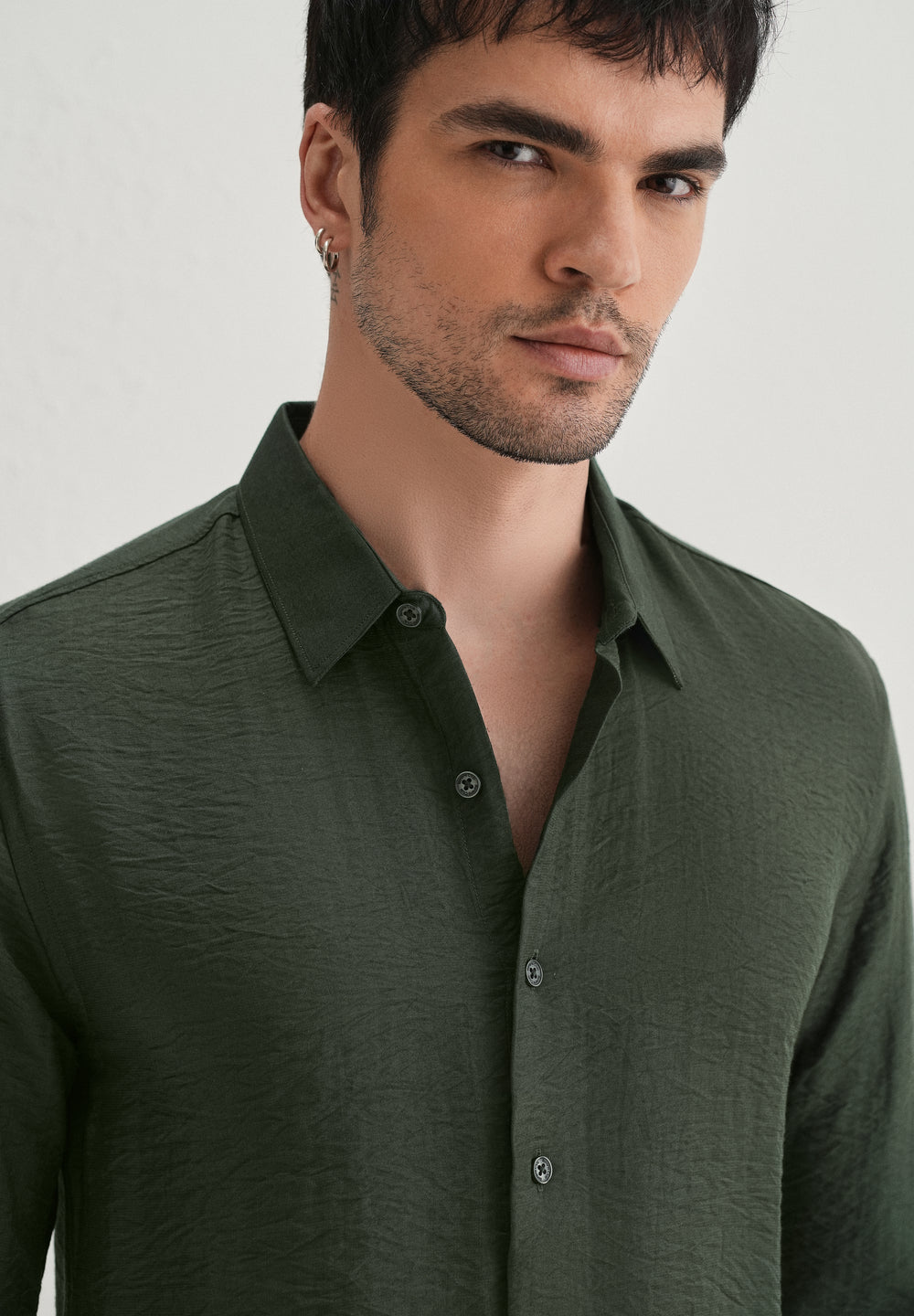 Olive Plain Crushed Satin Shirt